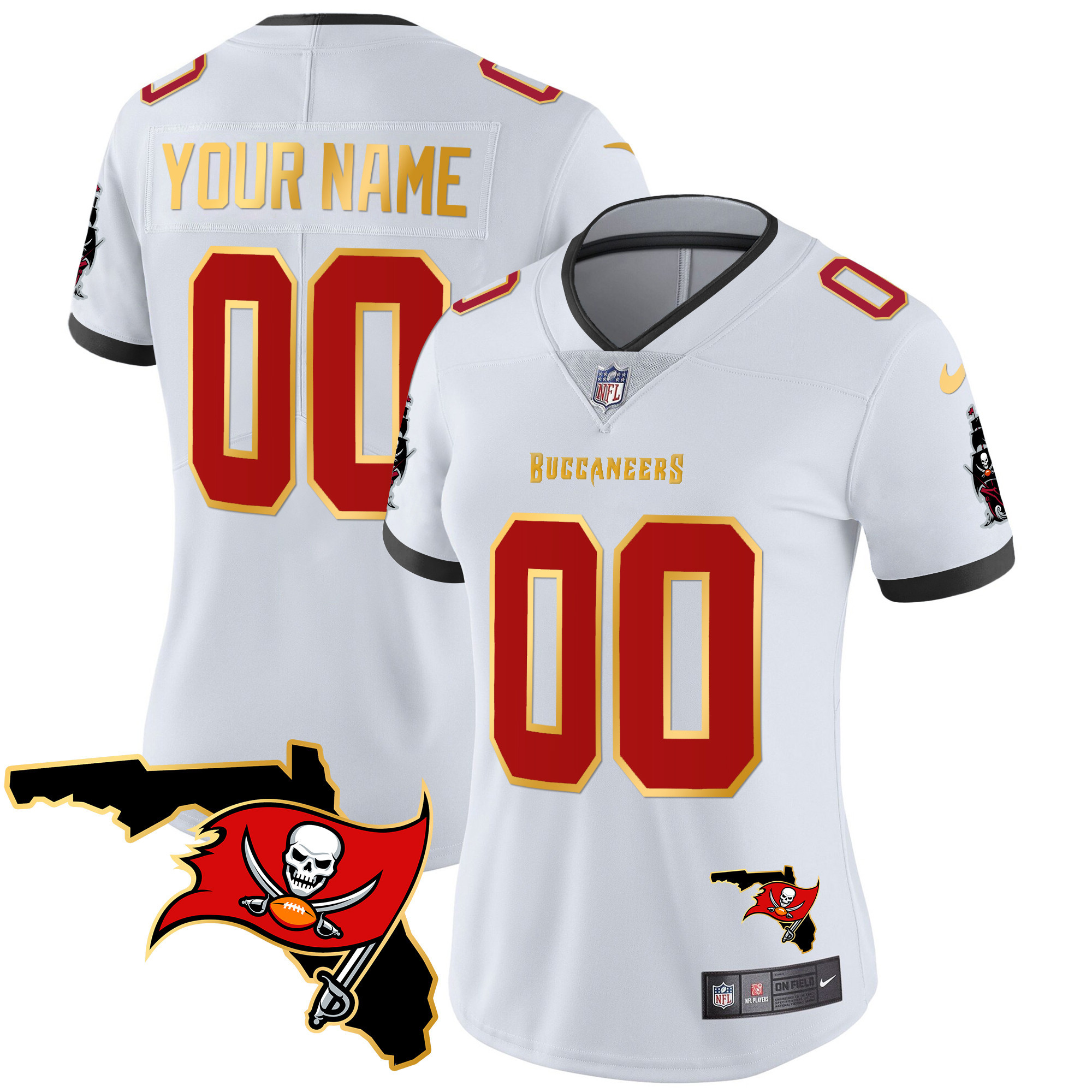 Tampa Bay Buccaneers Florida Patch Gold Trim Vapor Custom White Jersey - All Stitched 