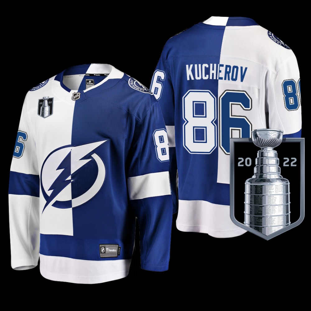 Tampa Bay Lightning #86 Nikita Kucherov Blue White 2022 Eastern Conference Champs Split Jersey