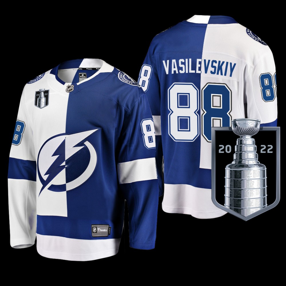 Tampa Bay Lightning #88 Andrei Vasilevskiy Blue White 2022 Eastern Conference Champs Split Jersey