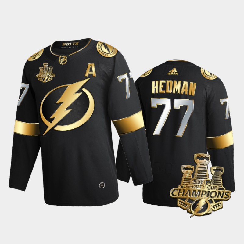 Tampa Bay Lightning Victor Hedman #77 3x Stanley Cup Champions Black Golden Jersey