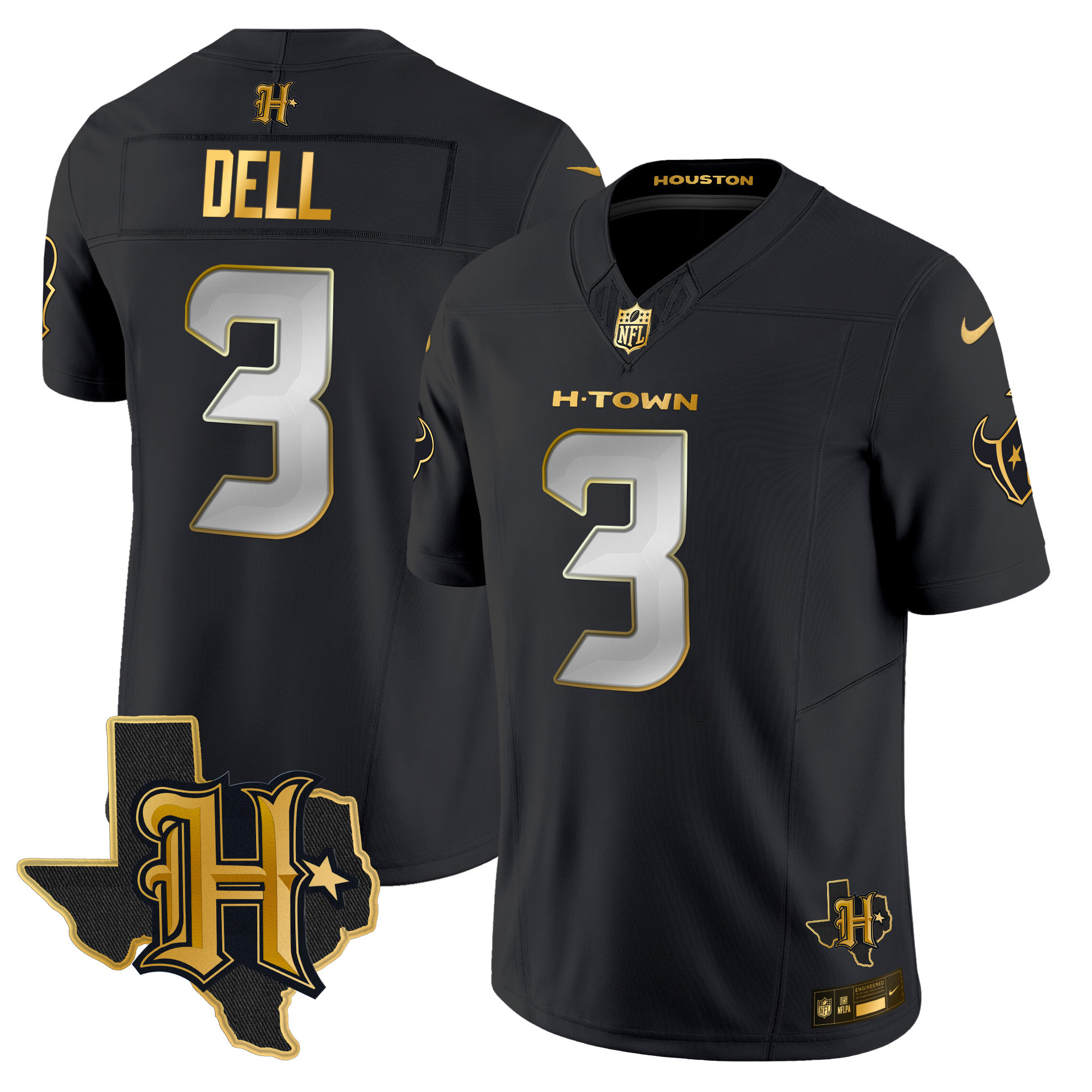 Tank Dell Men's Houston Texans 2024 Texas Patch Gold Vapor Limited Black Limited Jersey - All Stitched 