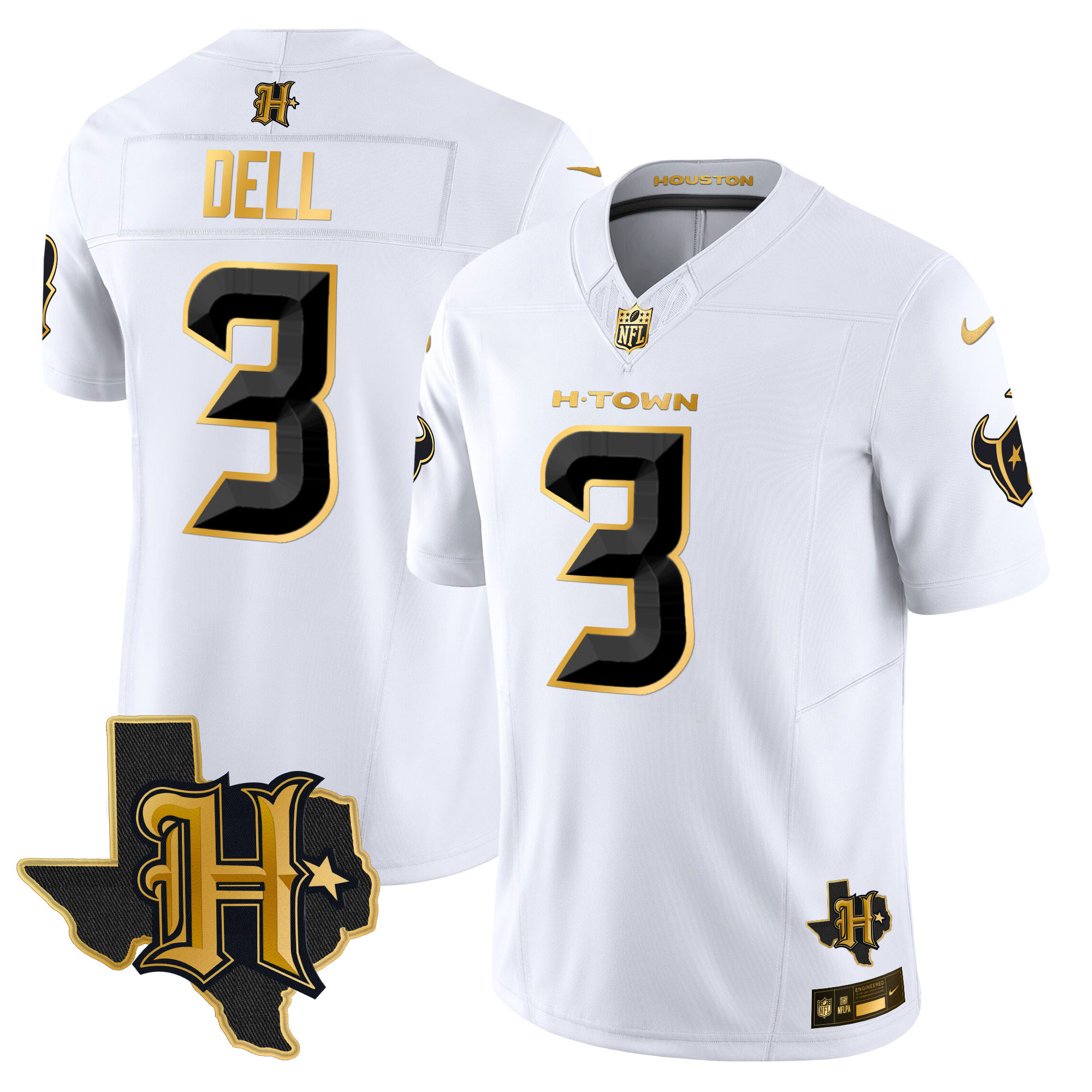 Tank Dell Men's Houston Texans 2024 Texas Patch Gold Vapor Limited White Gold Jersey - All Stitched 