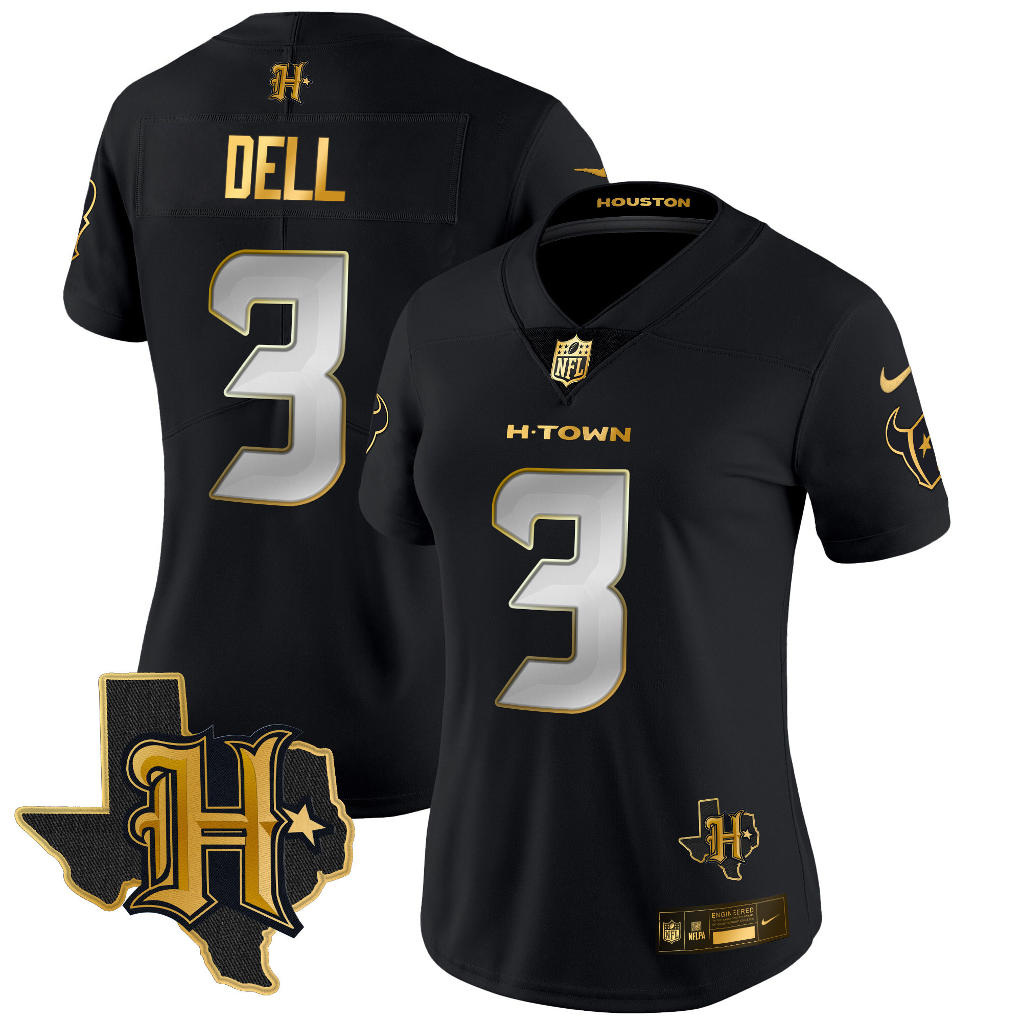 Tank Dell Women's Houston Texans 2024 Texas Patch Gold Vapor Limited Black Limited Jersey - All Stitched 