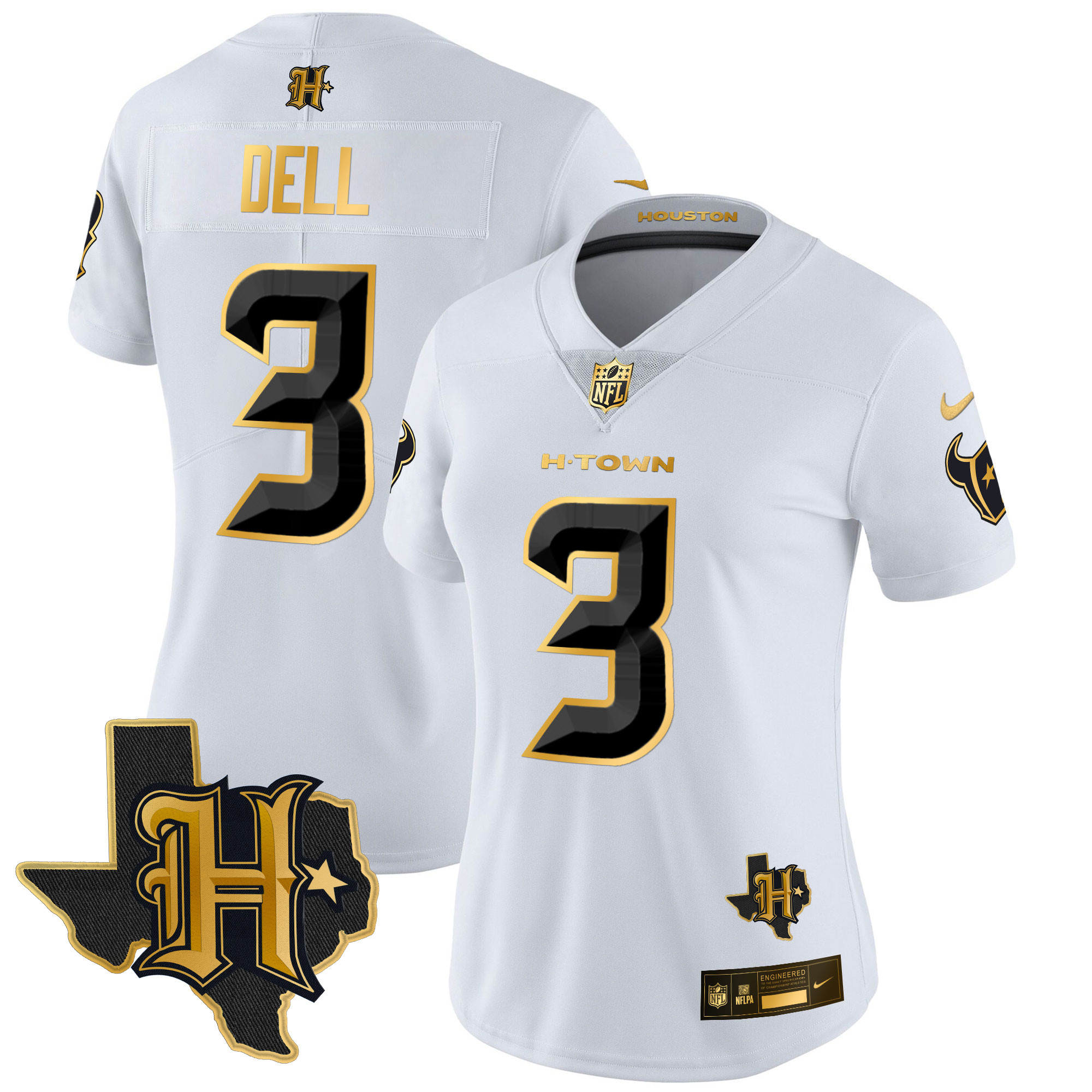Tank Dell Women's Houston Texans 2024 Texas Patch Gold Vapor Limited White Gold Jersey - All Stitched 