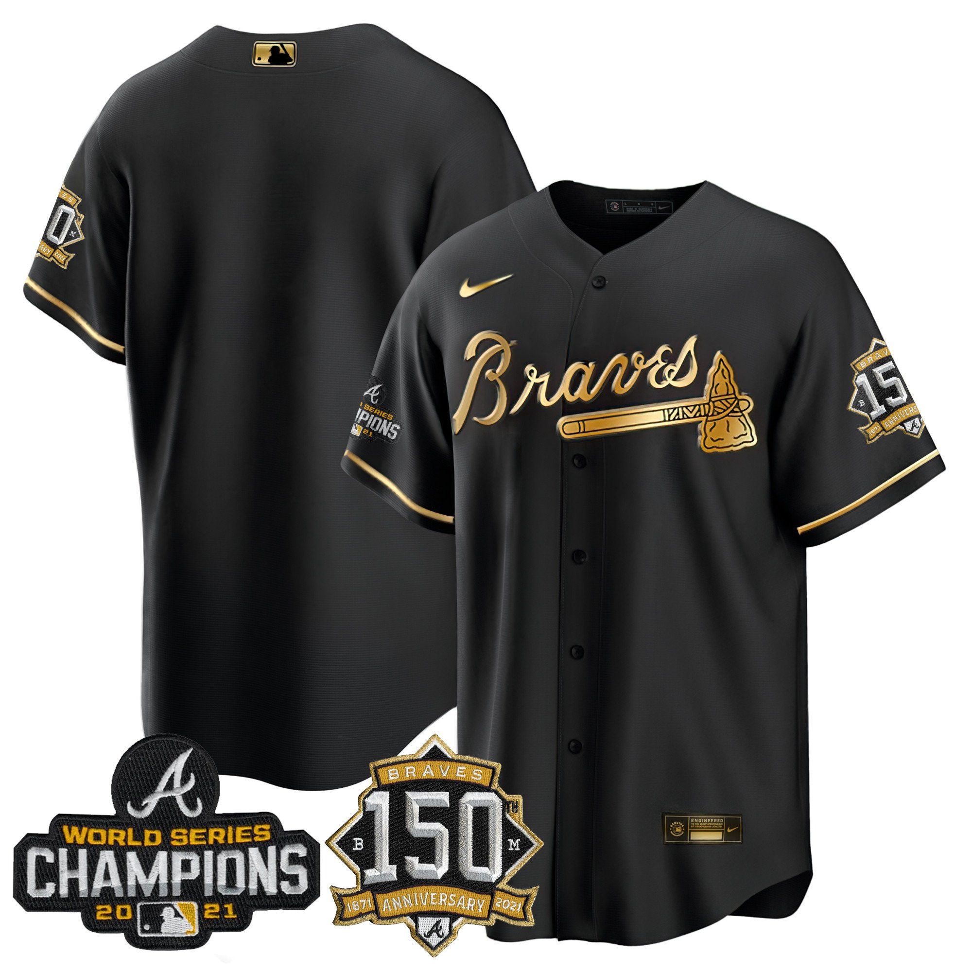 Team Atlanta Braves World Series Champion Black Gold Cool Base Jersey - All Stitched