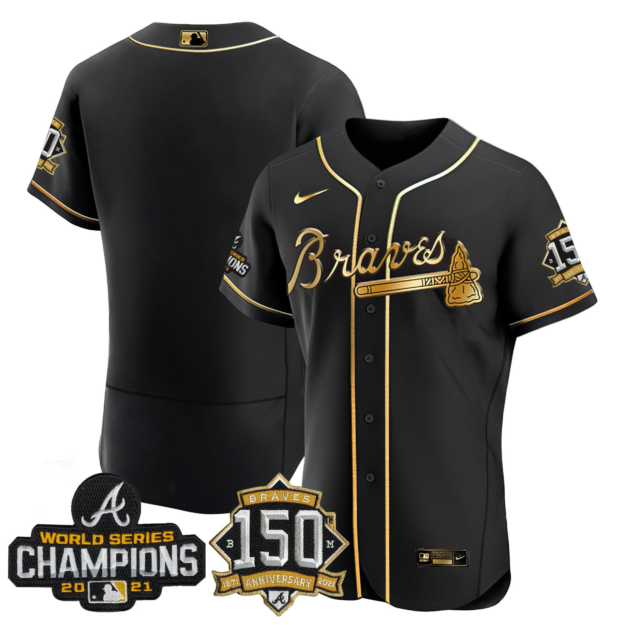 Team Atlanta Braves World Series Champion Black Gold Flex Base Jersey - All Stitched