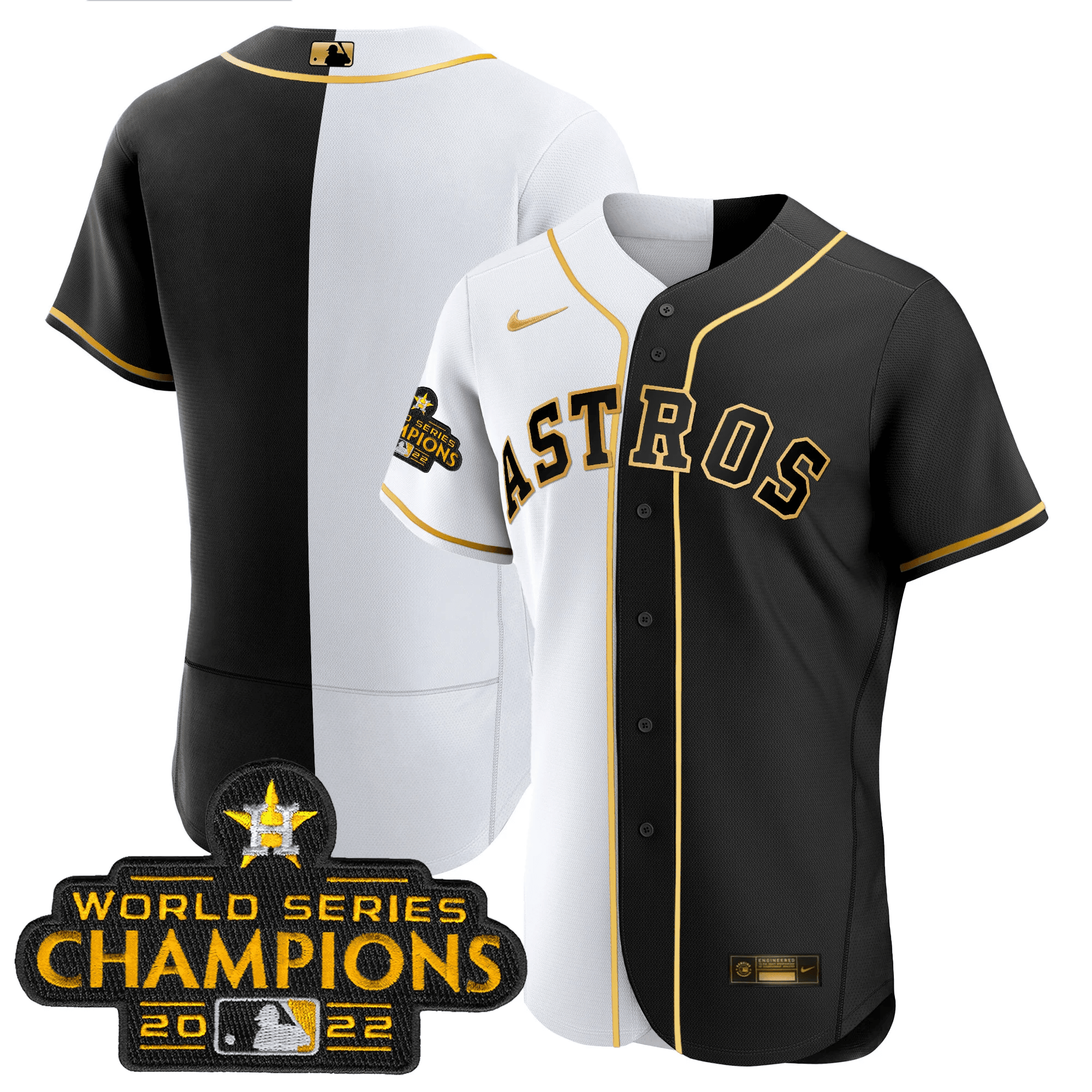 Team Houston Astros 2023 Flex Base Split Black & White Gold Jersey - All Stitched