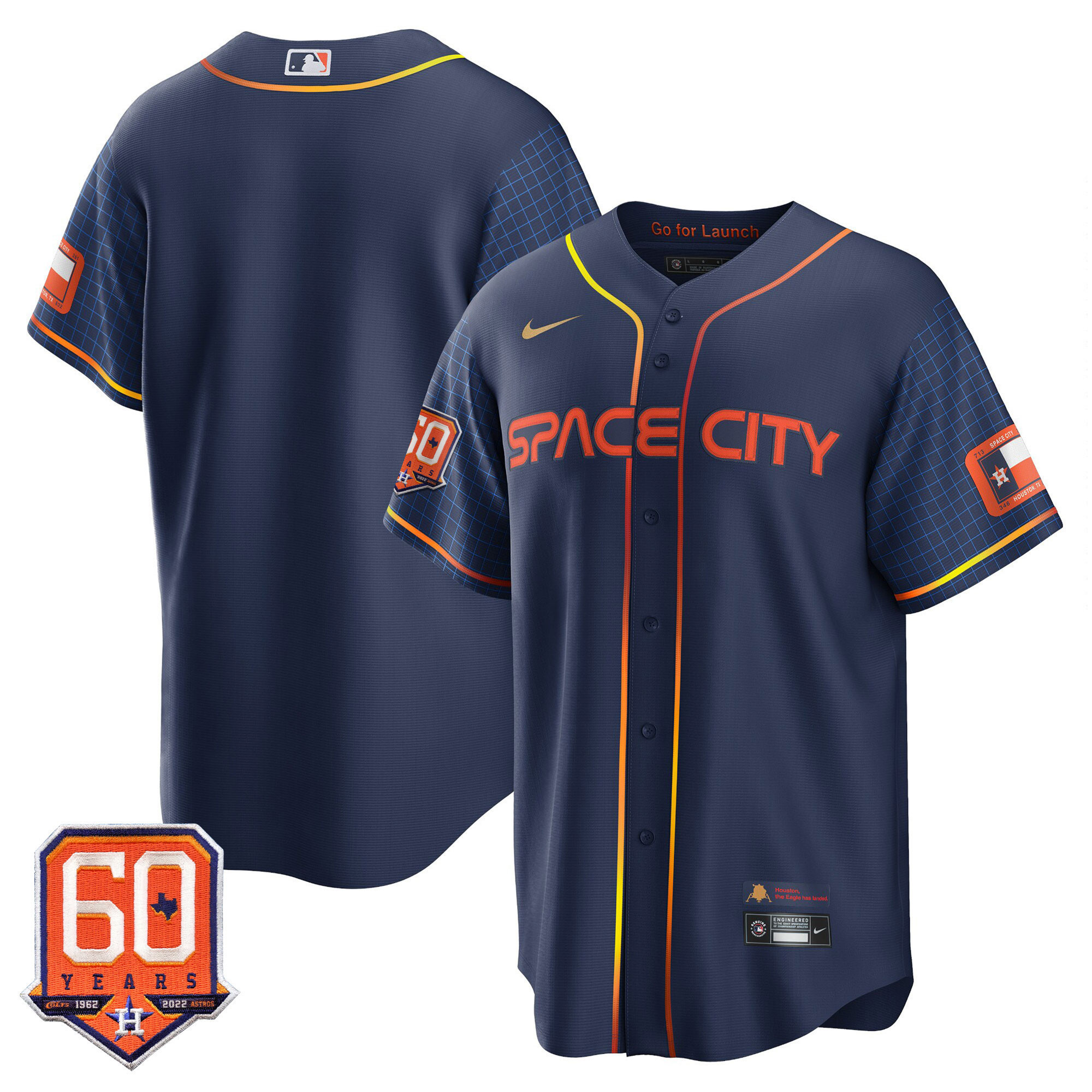Team Houston Astros Cool Base 60th Anniversary Patch Space City Jersey - All Stitched