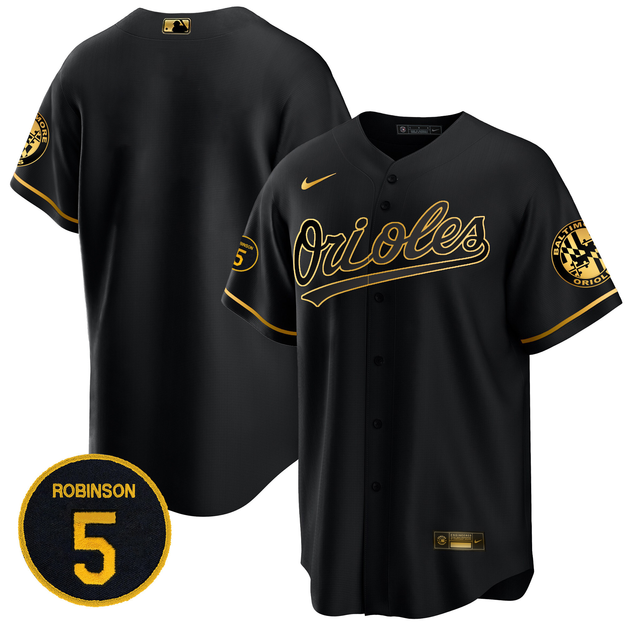 Team Men’s Baltimore Orioles Robinson Patch Cool Base Black Gold Jersey - All Stitched