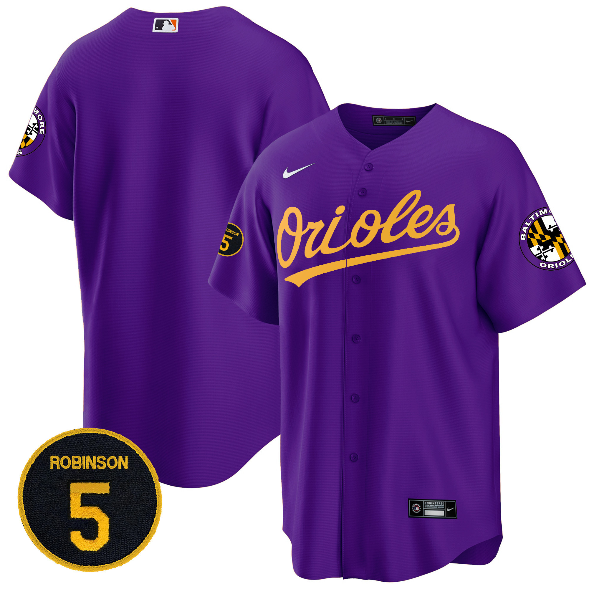 Team Men’s Baltimore Orioles Robinson Patch Cool Base Purple Gold Jersey - All Stitched
