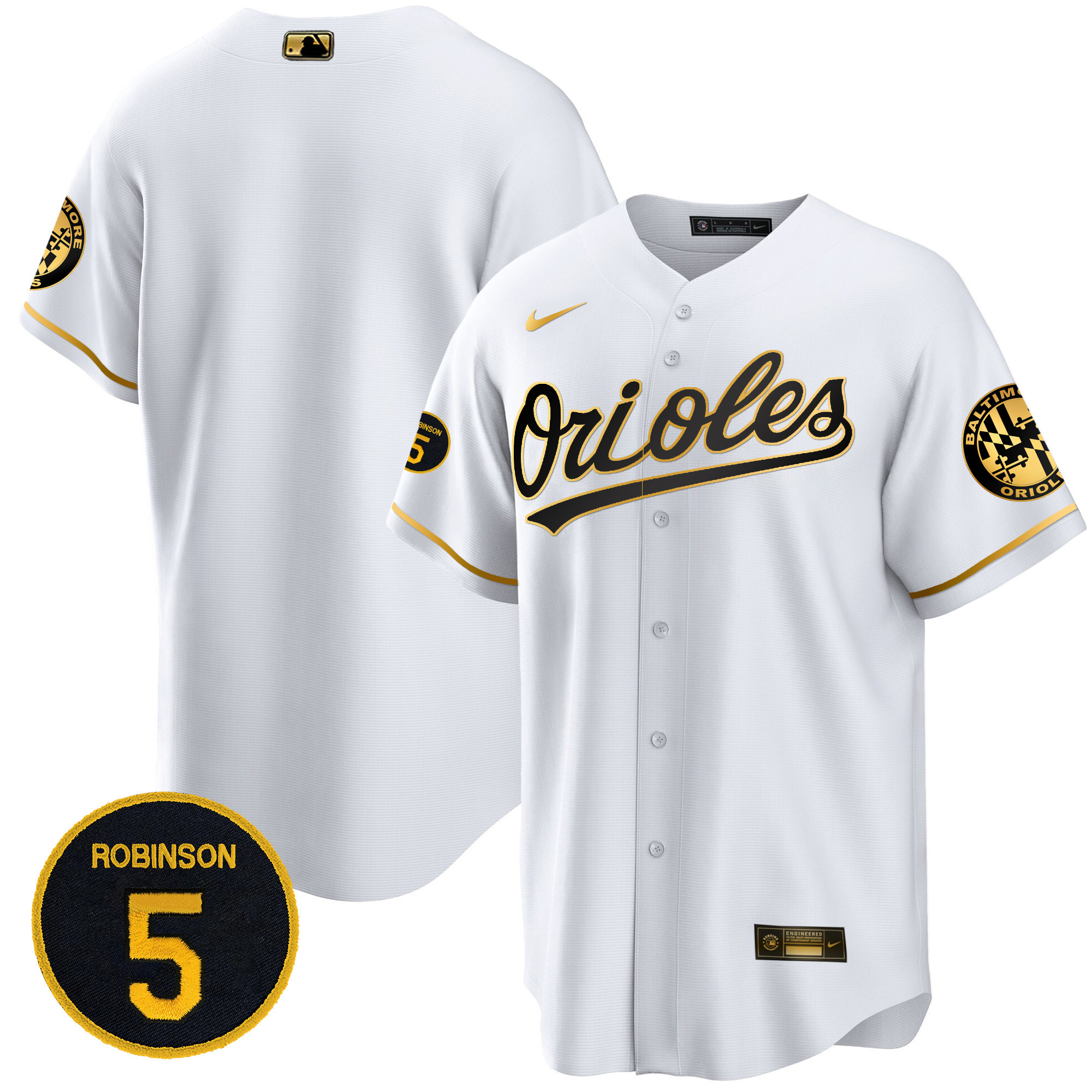 Team Men’s Baltimore Orioles Robinson Patch Cool Base White Gold Jersey - All Stitched