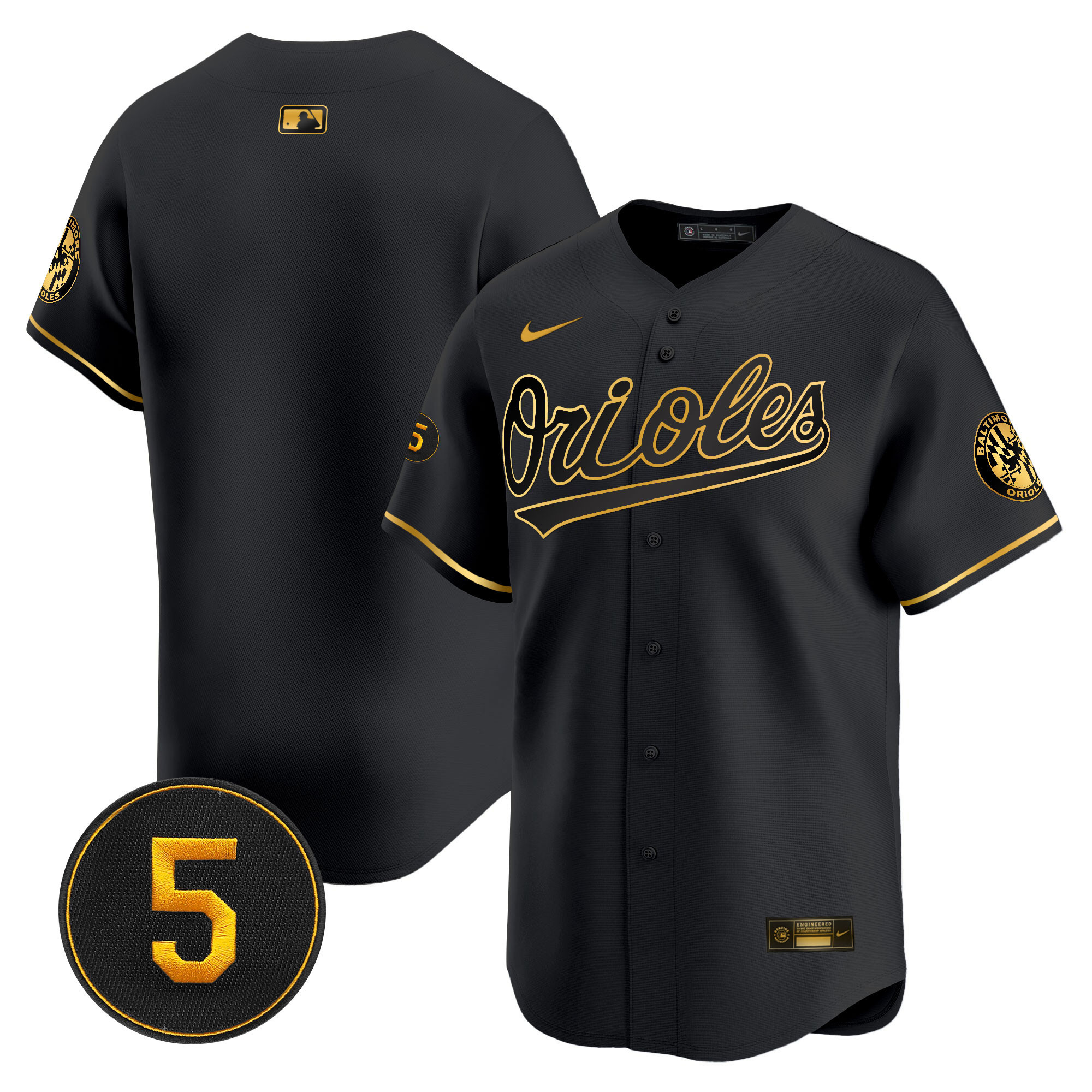 Team Men’s Baltimore Orioles Robinson Patch Vapor Premier Limited Black Gold Jersey - All Stitched