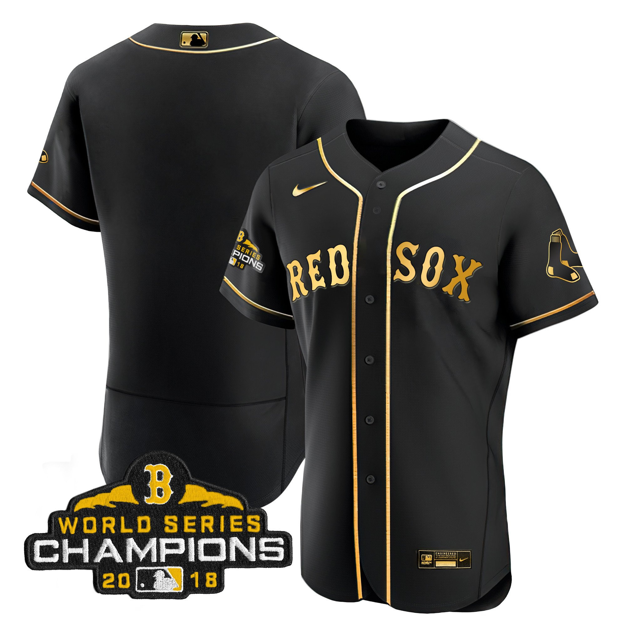 Team Men Boston Red Sox World Series Champion 2018 Gold Flex Black Jersey - All Stitched