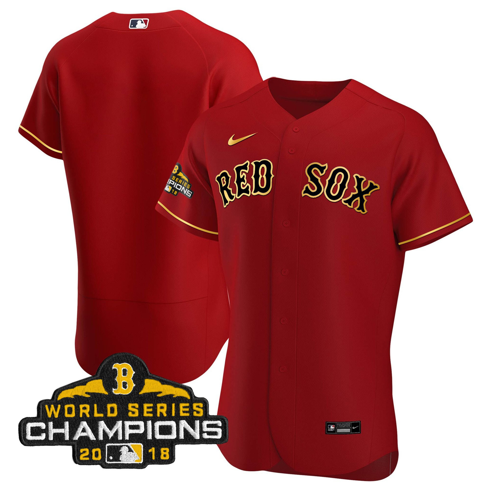 Team Men Boston Red Sox World Series Champion 2018 Gold Flex Red Jersey - All Stitched
