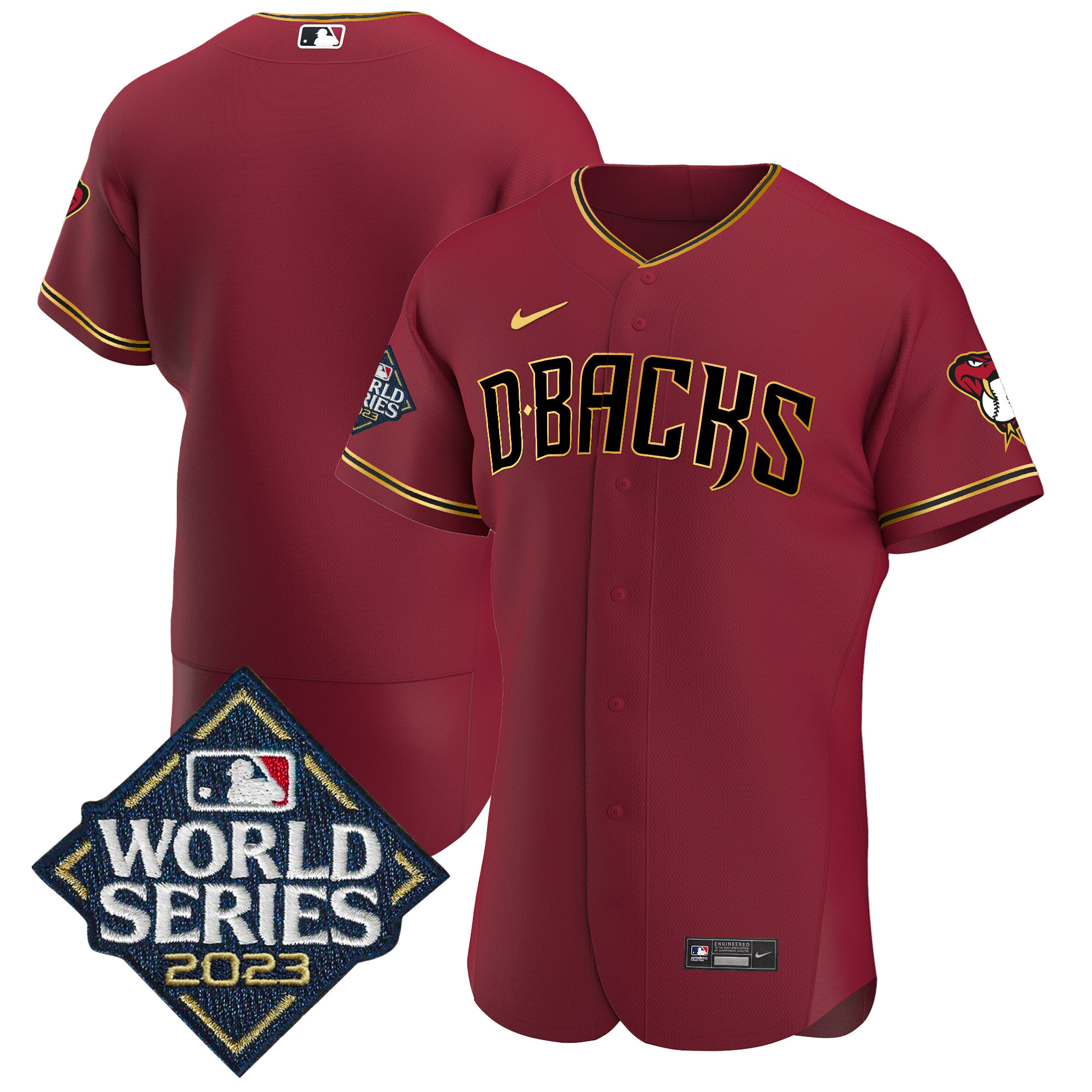 Team Men's Arizona Diamondbacks 2023 World Series Flex Base Gold Crimson Gold Jersey - All Stitched
