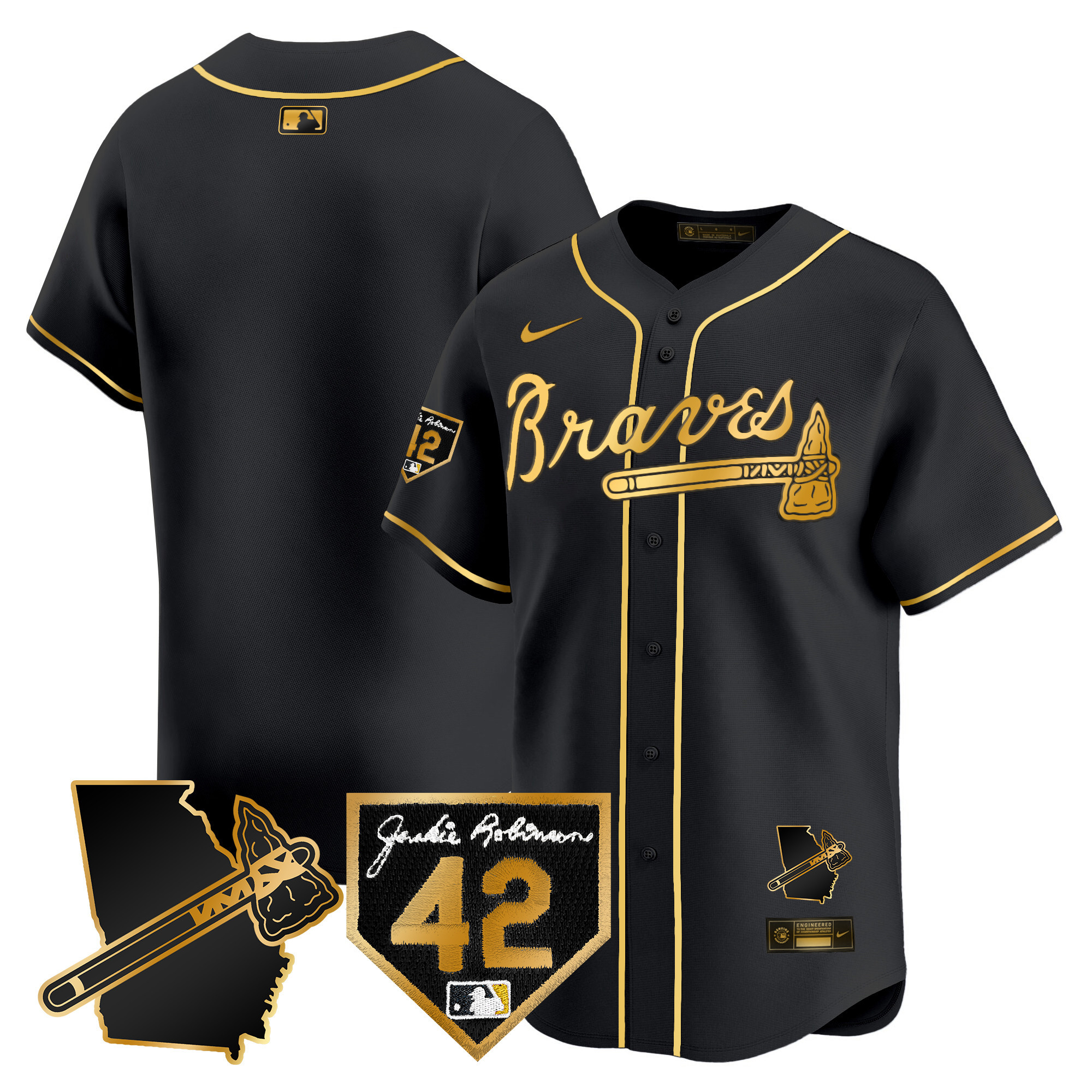 Team Men's Atlanta Braves 2024 Robinson & Georgia Patch Vapor Premier Limited Black Gold Jersey - All Stitched