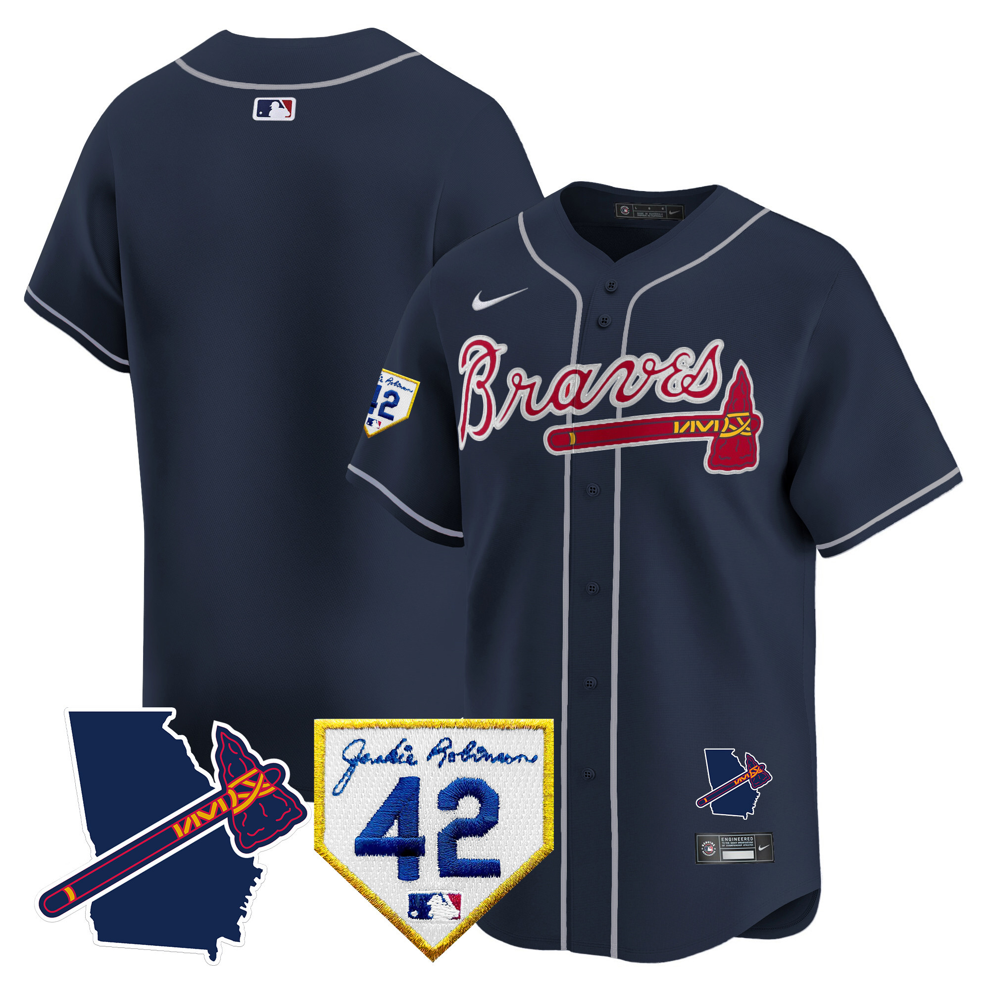 Team Men's Atlanta Braves 2024 Robinson & Georgia Patch Vapor Premier Limited Navy Jersey - All Stitched