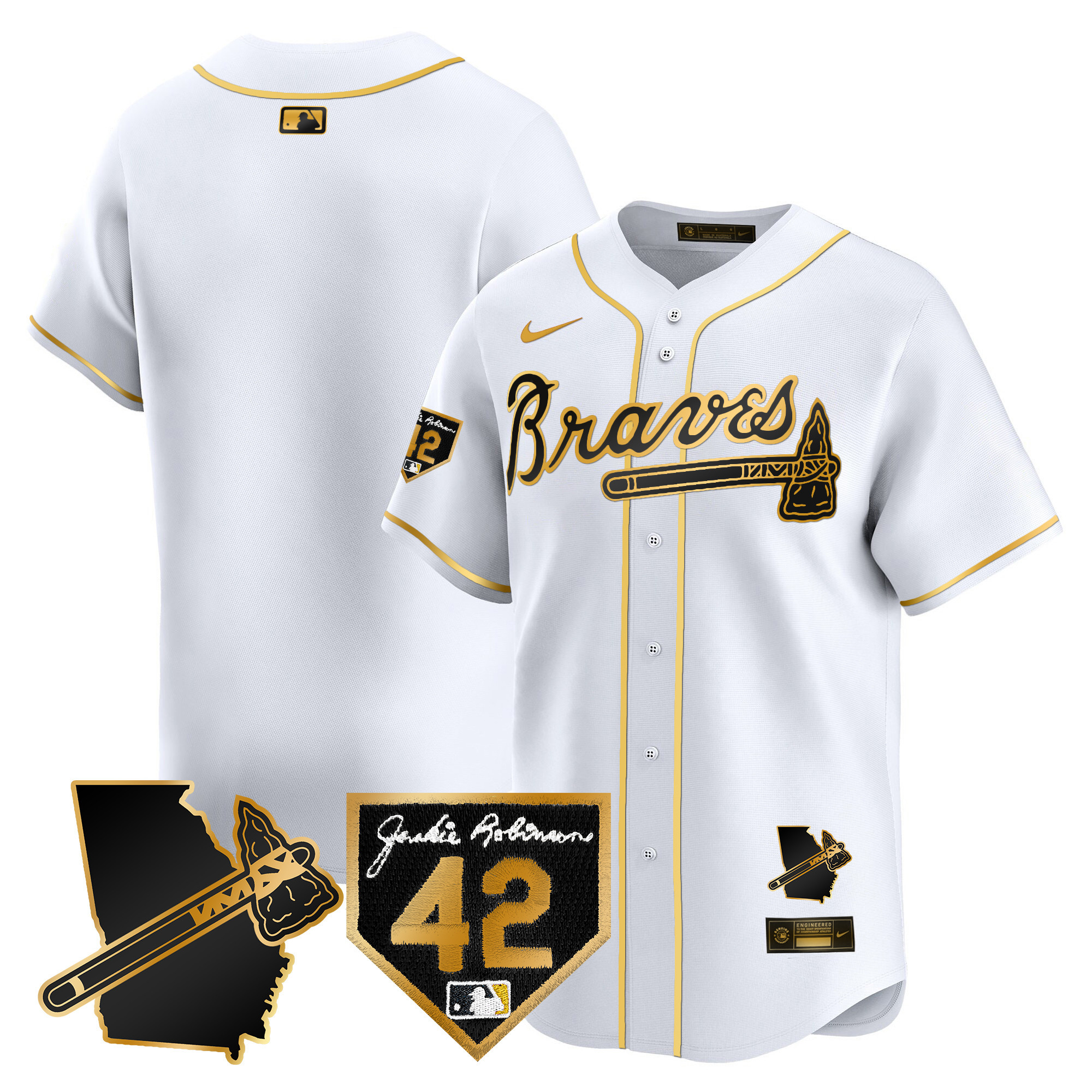 Team Men's Atlanta Braves 2024 Robinson & Georgia Patch Vapor Premier Limited White Gold Jersey - All Stitched