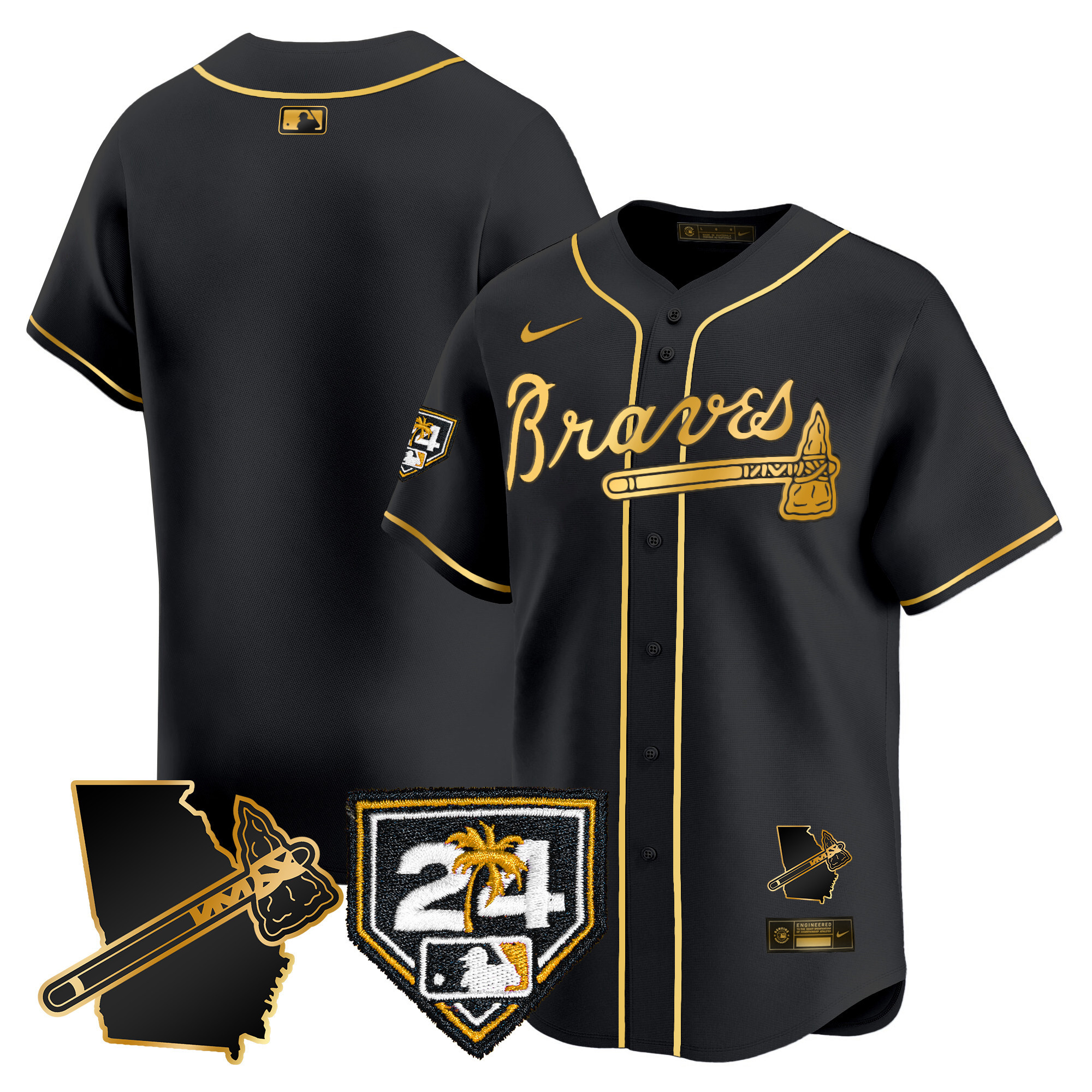 Team Men's Atlanta Braves 2024 Spring Training & Georgia Patch Vapor Premier Limited Black Gold Jersey - All Stitched