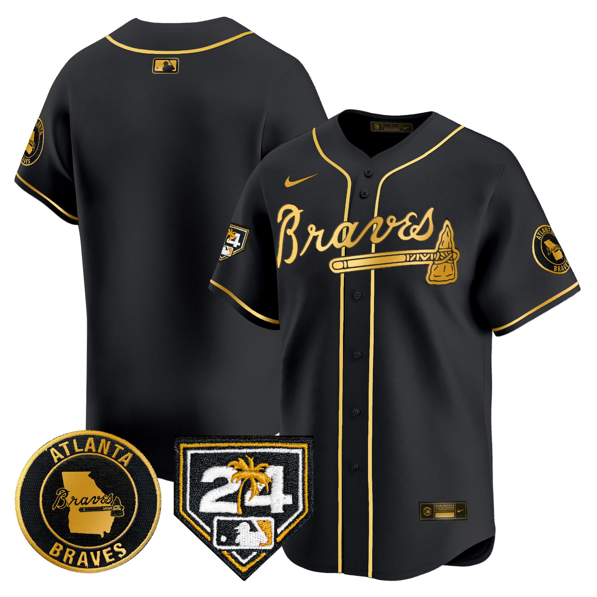 Team Men's Atlanta Braves 2024 Spring Training Patch Vapor Premier Limited Black Gold Jersey - All Stitched