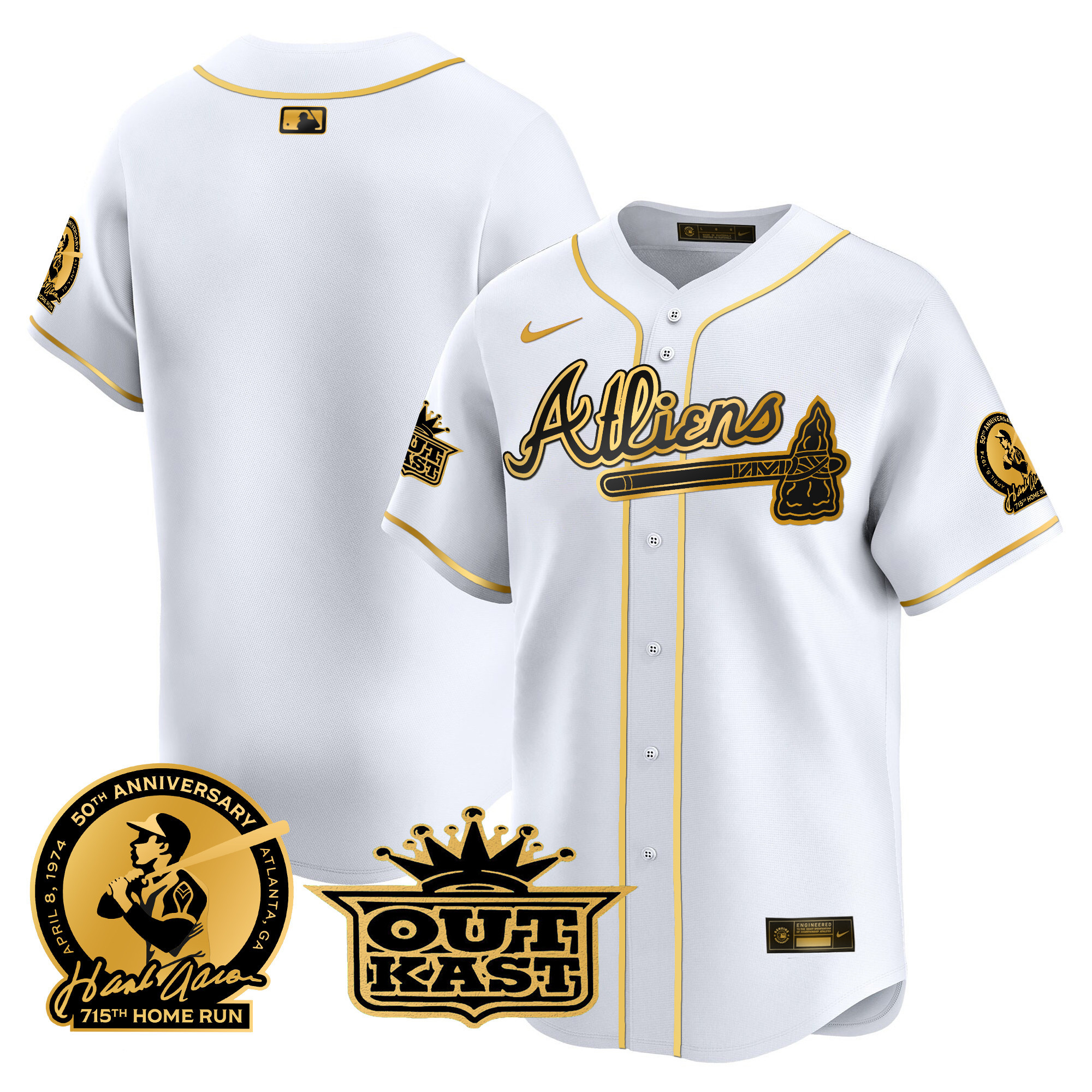 Team Men's Atlanta Braves Atliens & Hank Aaron Patch Vapor Premier Limited White Gold Jersey - All Stitched