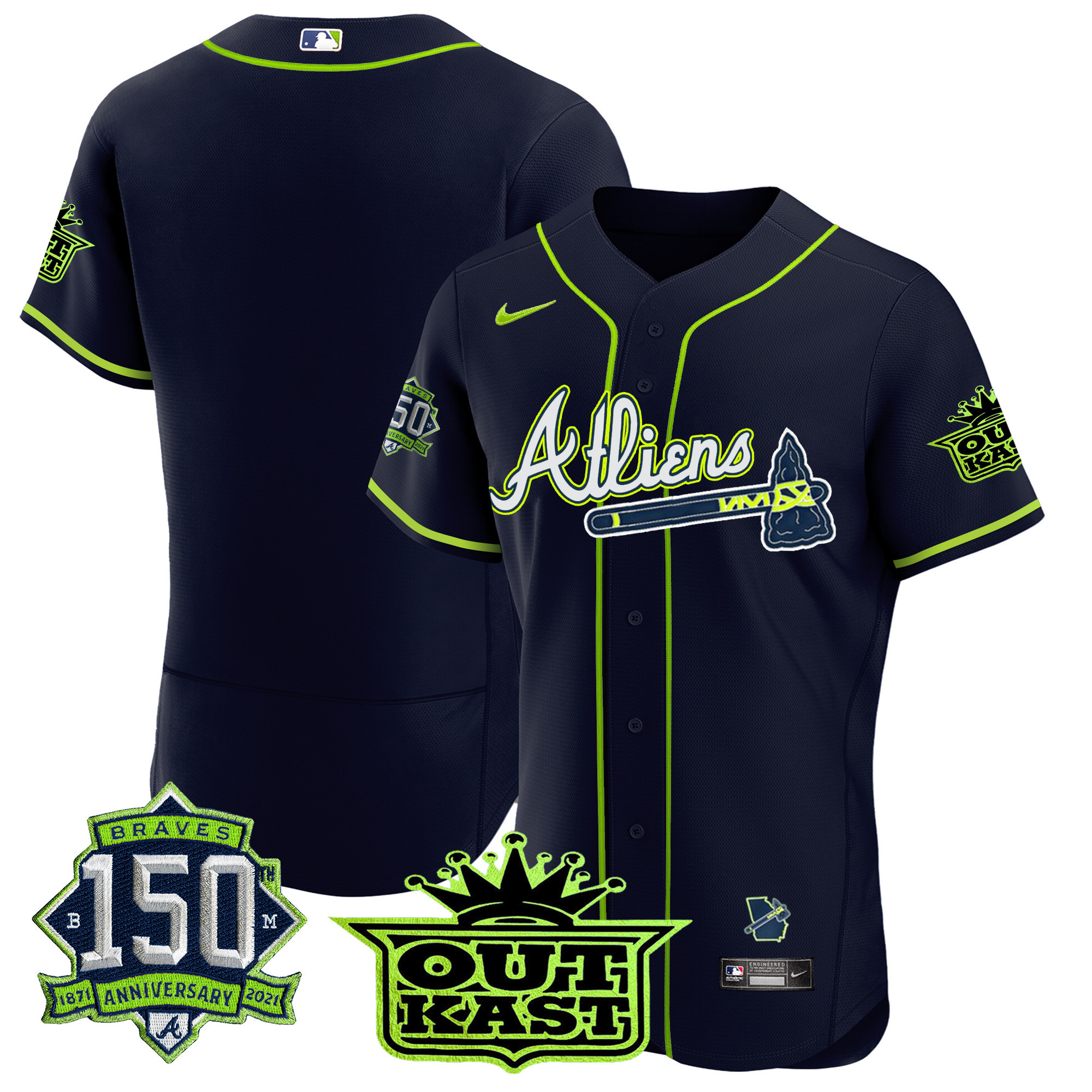 Team Men's Atlanta Braves Atliens 150th Anniversary Patch Flex Base Jersey - All Stitched