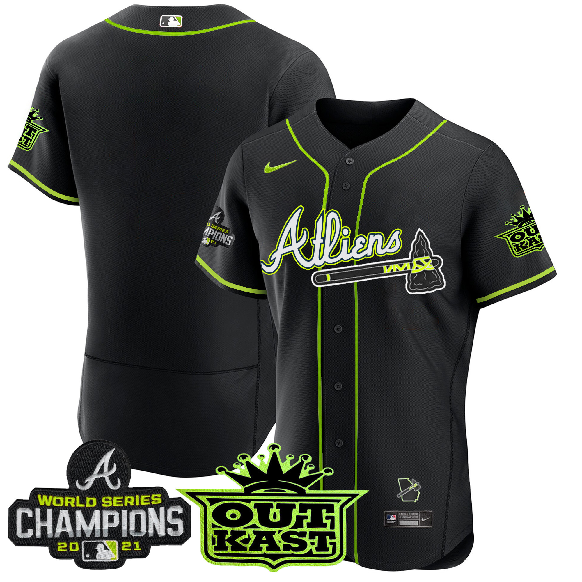 Team Men's Atlanta Braves Atliens Champions Flex Base Black Jersey - All Stitched