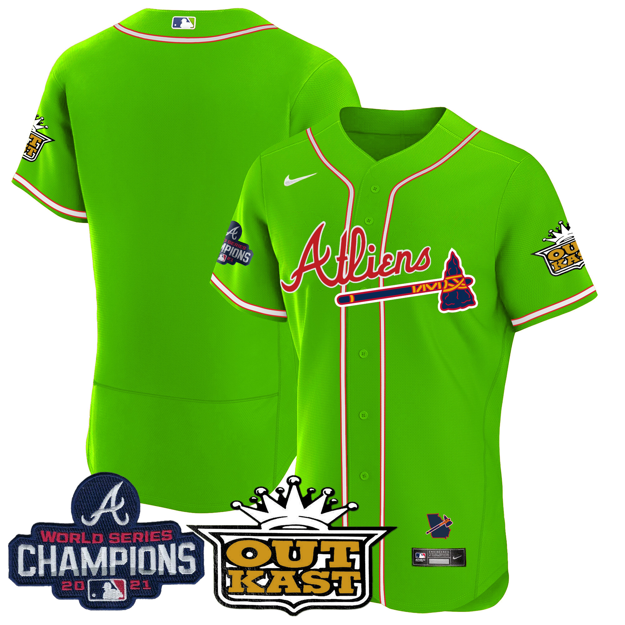 Team Men's Atlanta Braves Atliens Champions Flex Base Bright Green Jersey - All Stitched