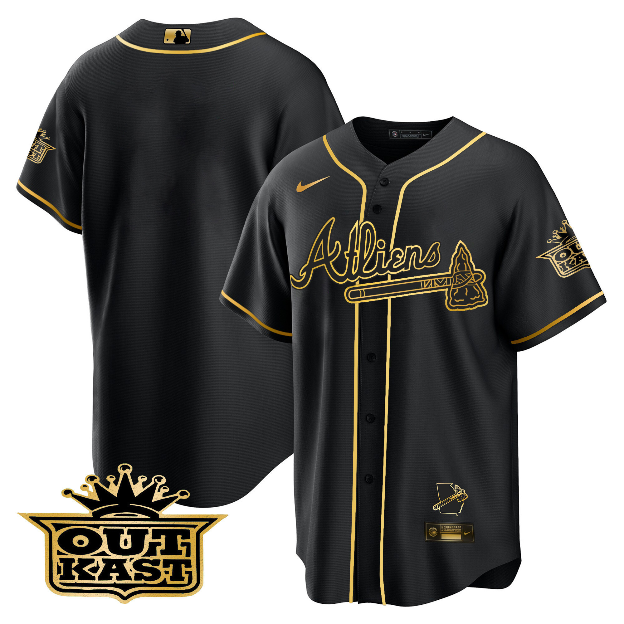 Team Men's Atlanta Braves Atliens Cool Base V2 Black Gold Jersey - All Stitched