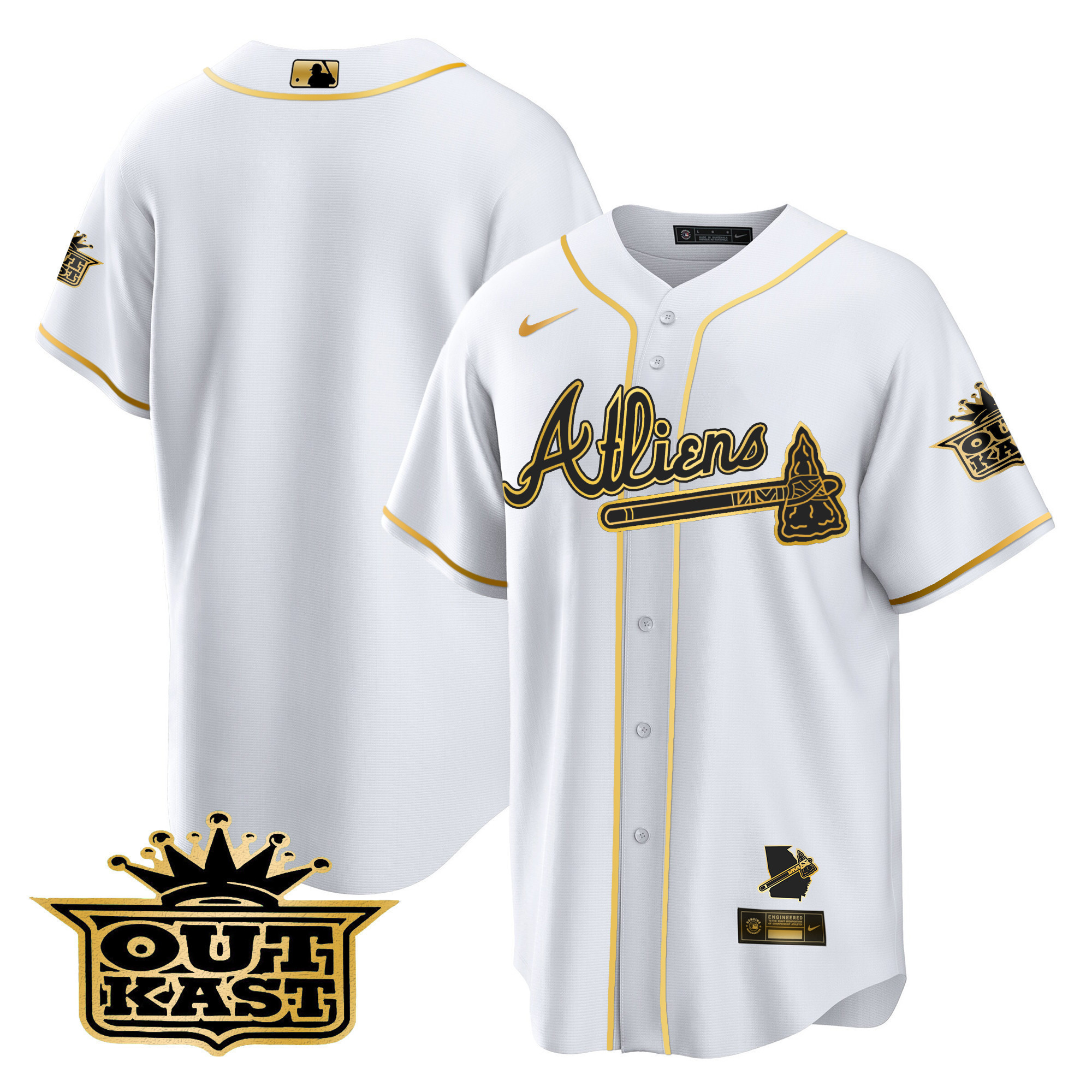 Team Men's Atlanta Braves Atliens Cool Base V2 White Gold Jersey - All Stitched