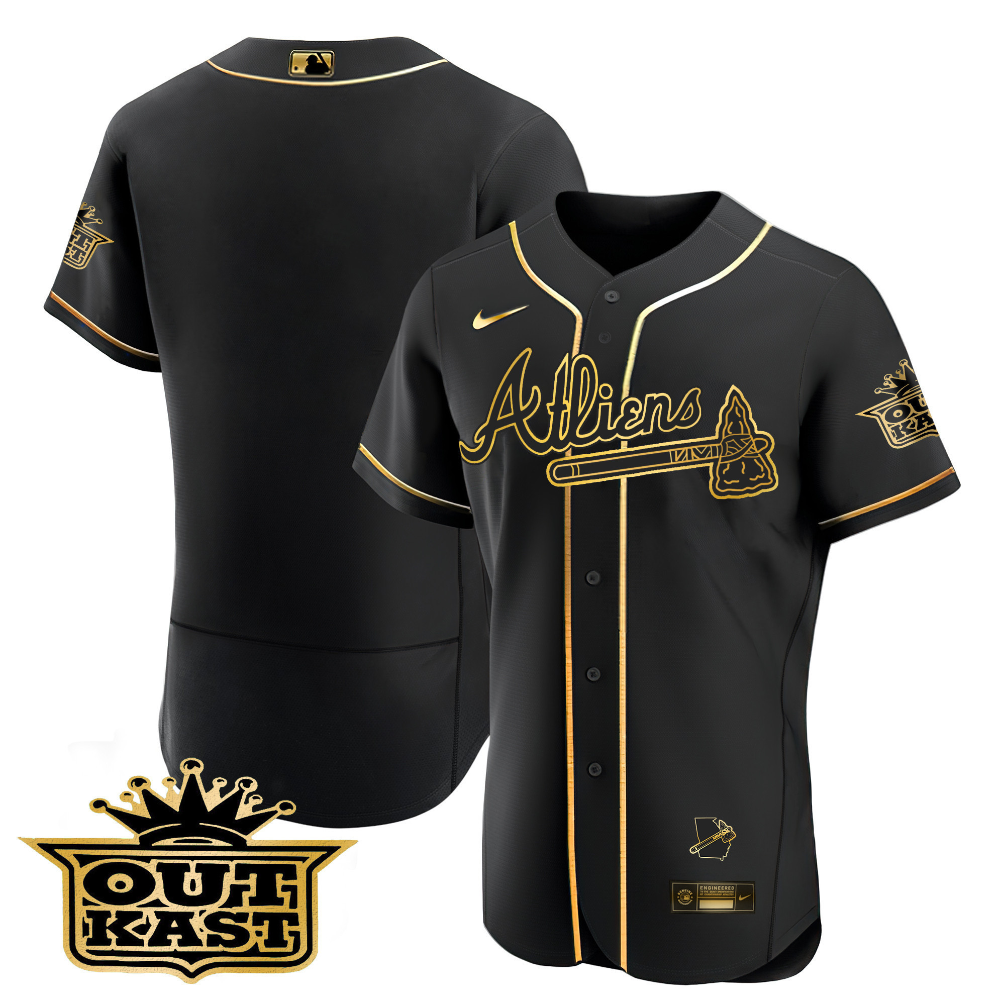 Team Men's Atlanta Braves Atliens Flex Base V2 Black Gold Jersey - All Stitched