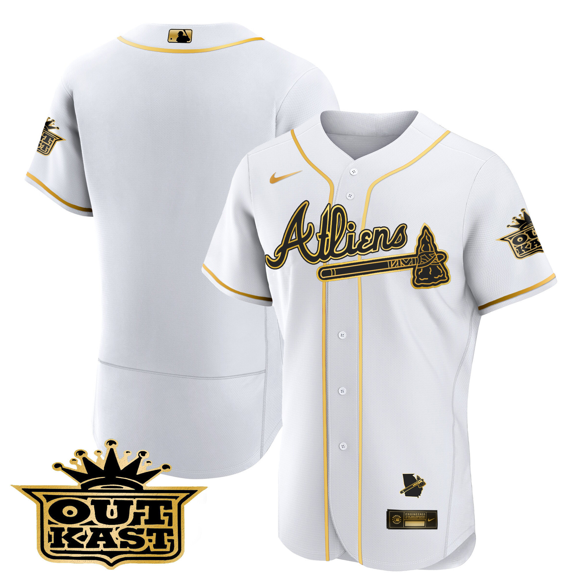 Team Men's Atlanta Braves Atliens Flex Base V2 White Gold Jersey - All Stitched