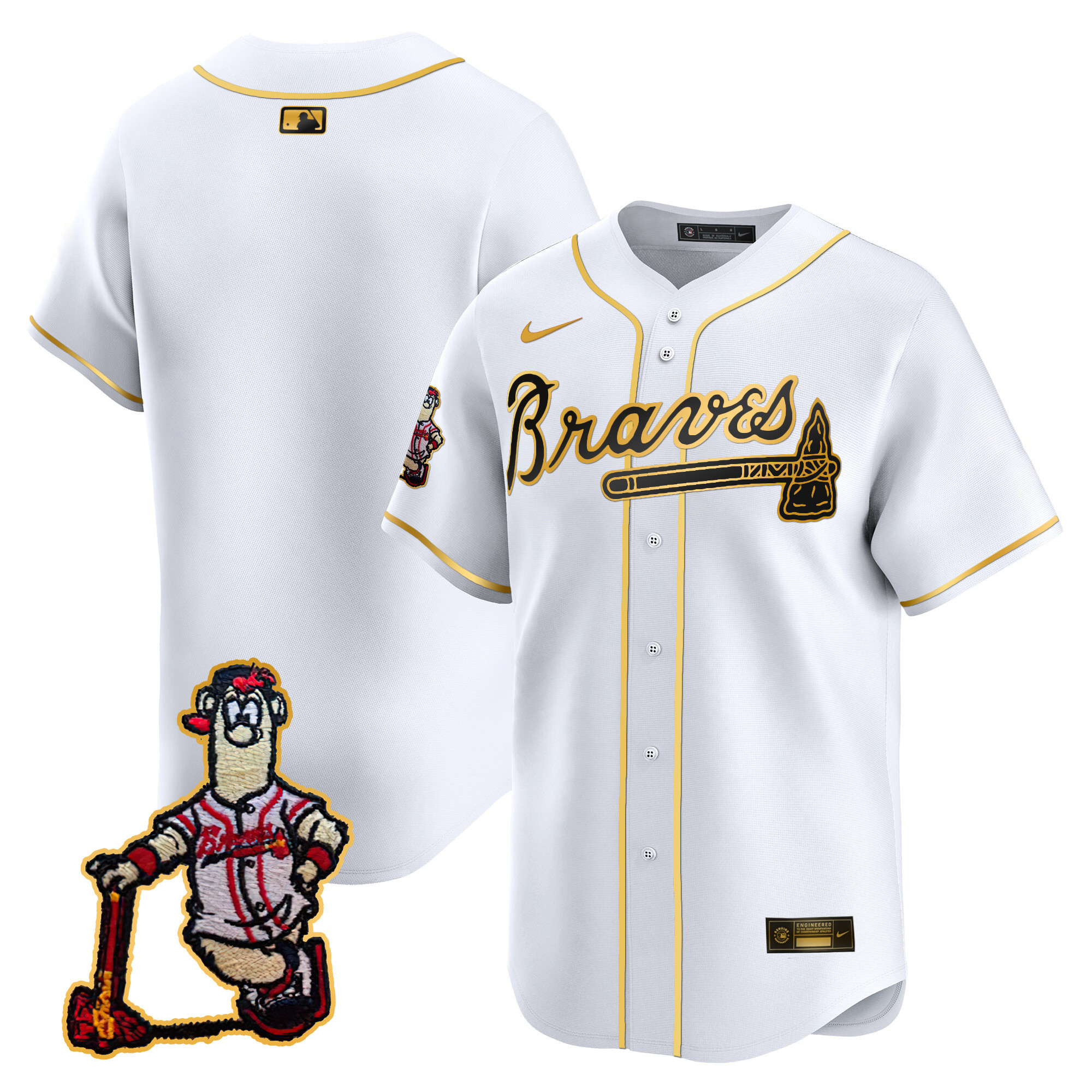 Team Men's Atlanta Braves Blooper Patch Vapor Premier Limited White Gold Jersey - All Stitched