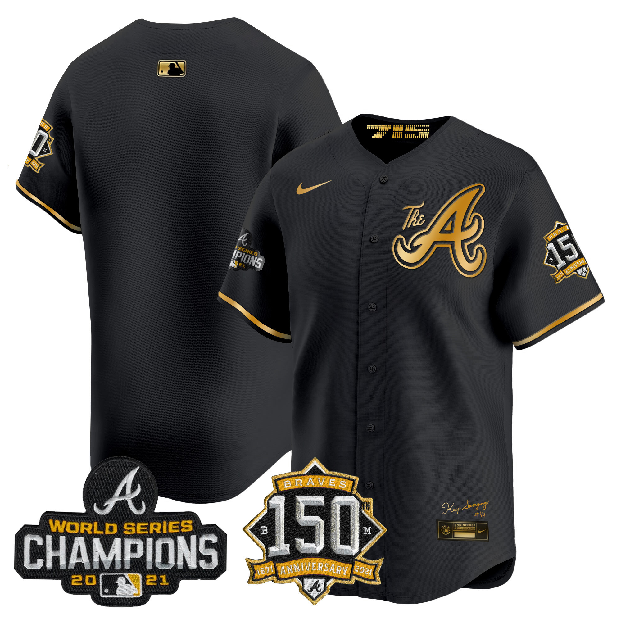 Team Men's Atlanta Braves Champions & 150th Patch Vapor Premier Limited Black Gold Jersey - All Stitched