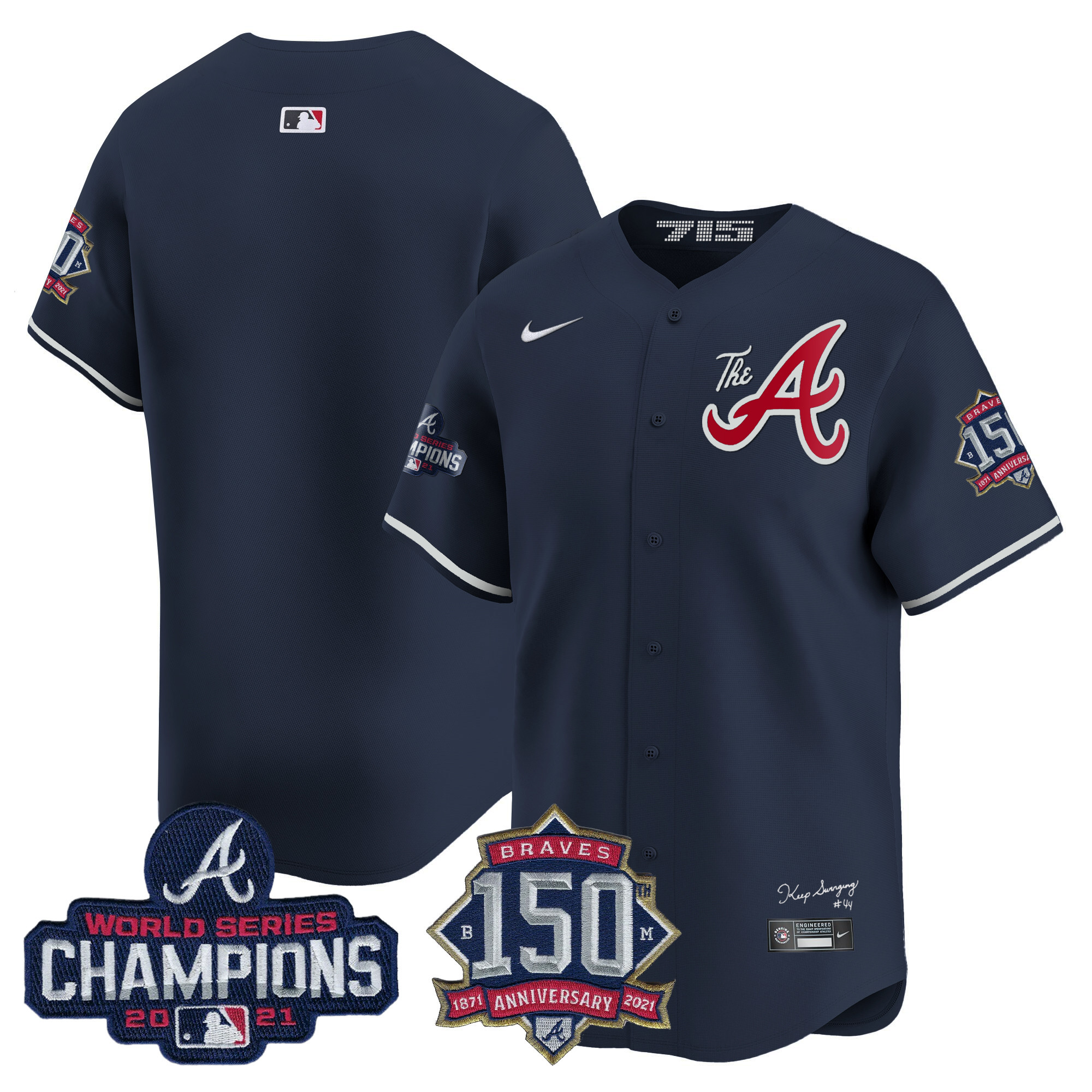 Team Men's Atlanta Braves Champions & 150th Patch Vapor Premier Limited Navy Jersey - All Stitched