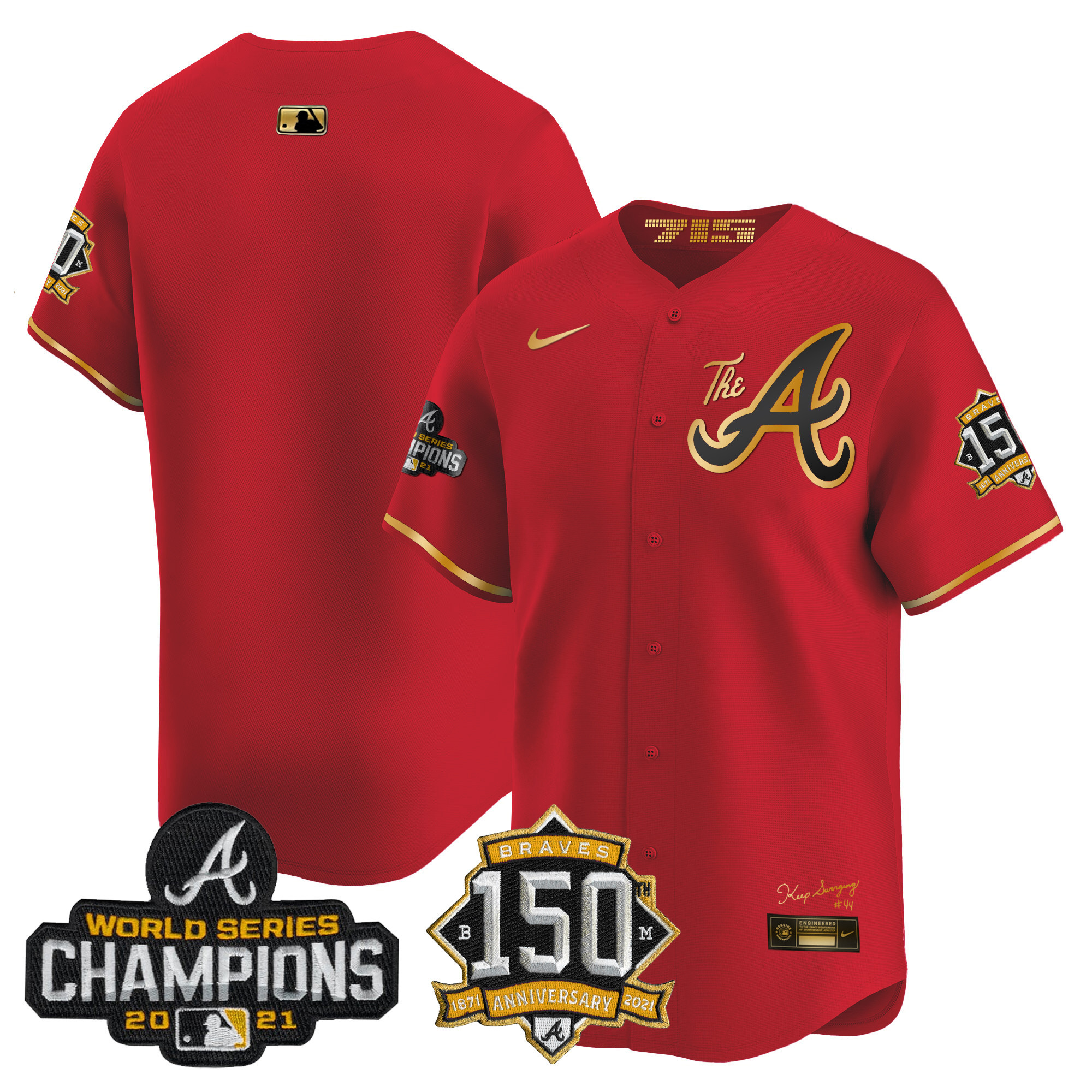 Team Men's Atlanta Braves Champions & 150th Patch Vapor Premier Limited Red Gold Jersey - All Stitched