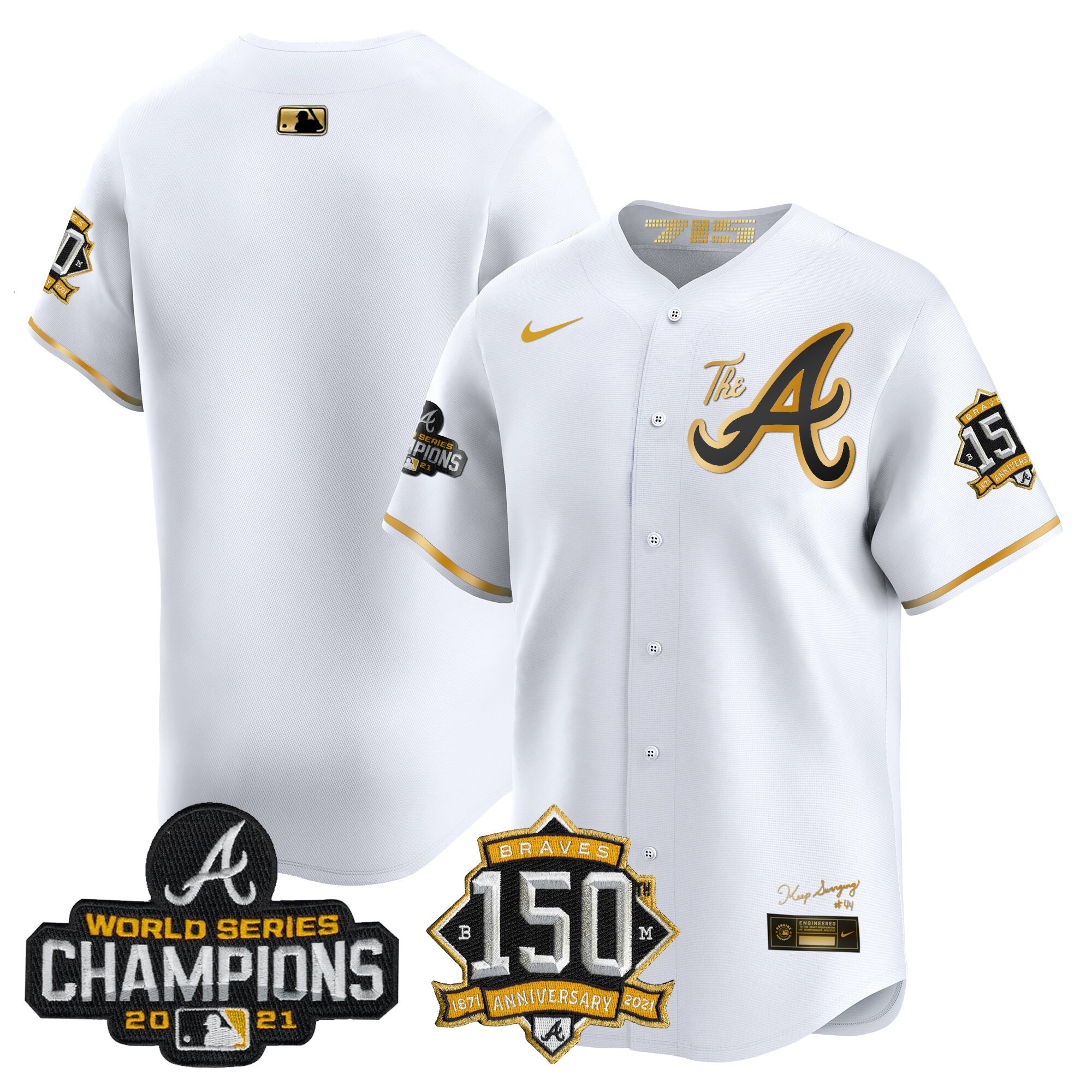 Team Men's Atlanta Braves Champions & 150th Patch Vapor Premier Limited White Gold Jersey - All Stitched