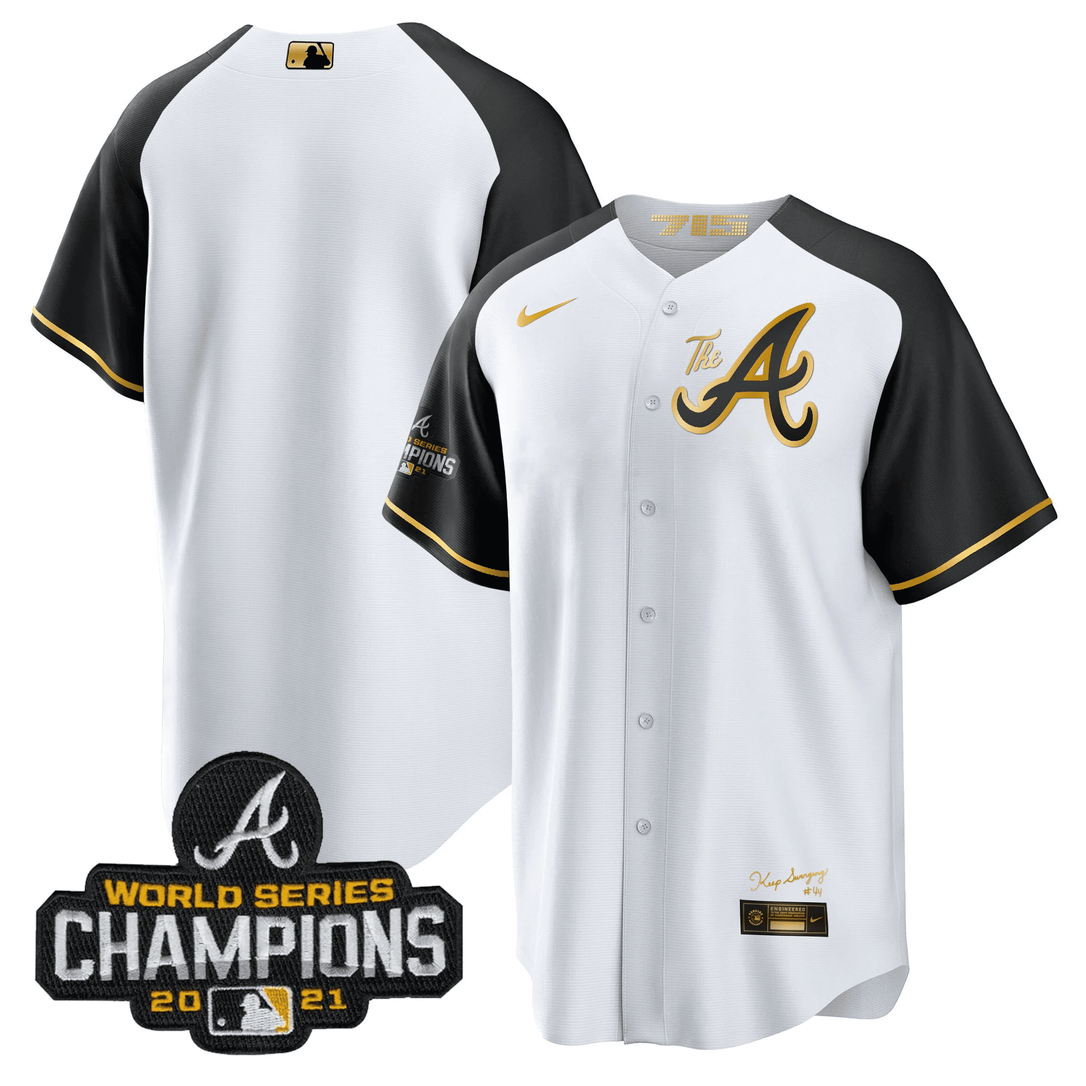Team Men's Atlanta Braves Champions Alternate Gold Cool Base Black Sleeves Jersey - All Stitched