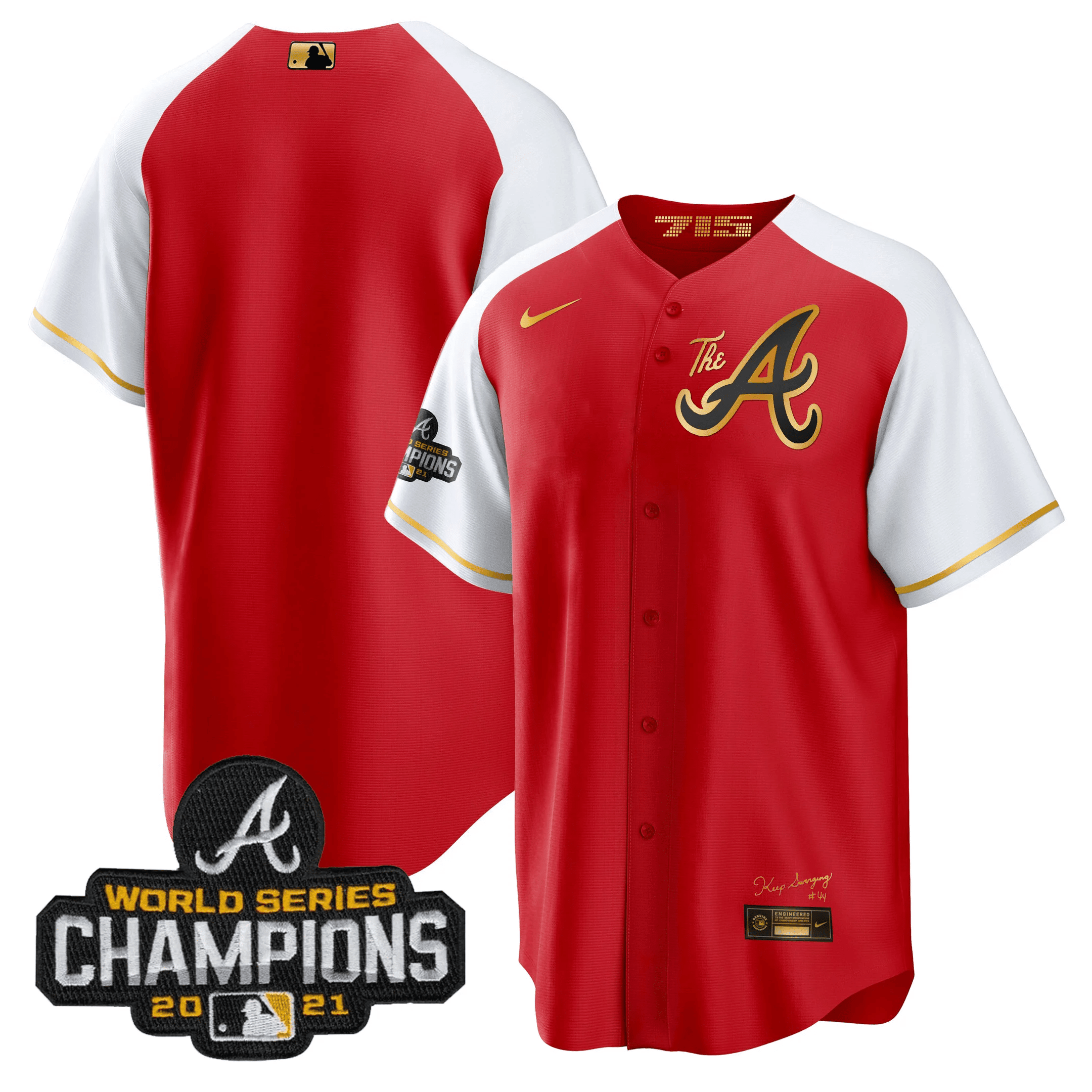 Team Men's Atlanta Braves Champions Alternate Gold Cool Base Red Jersey - All Stitched