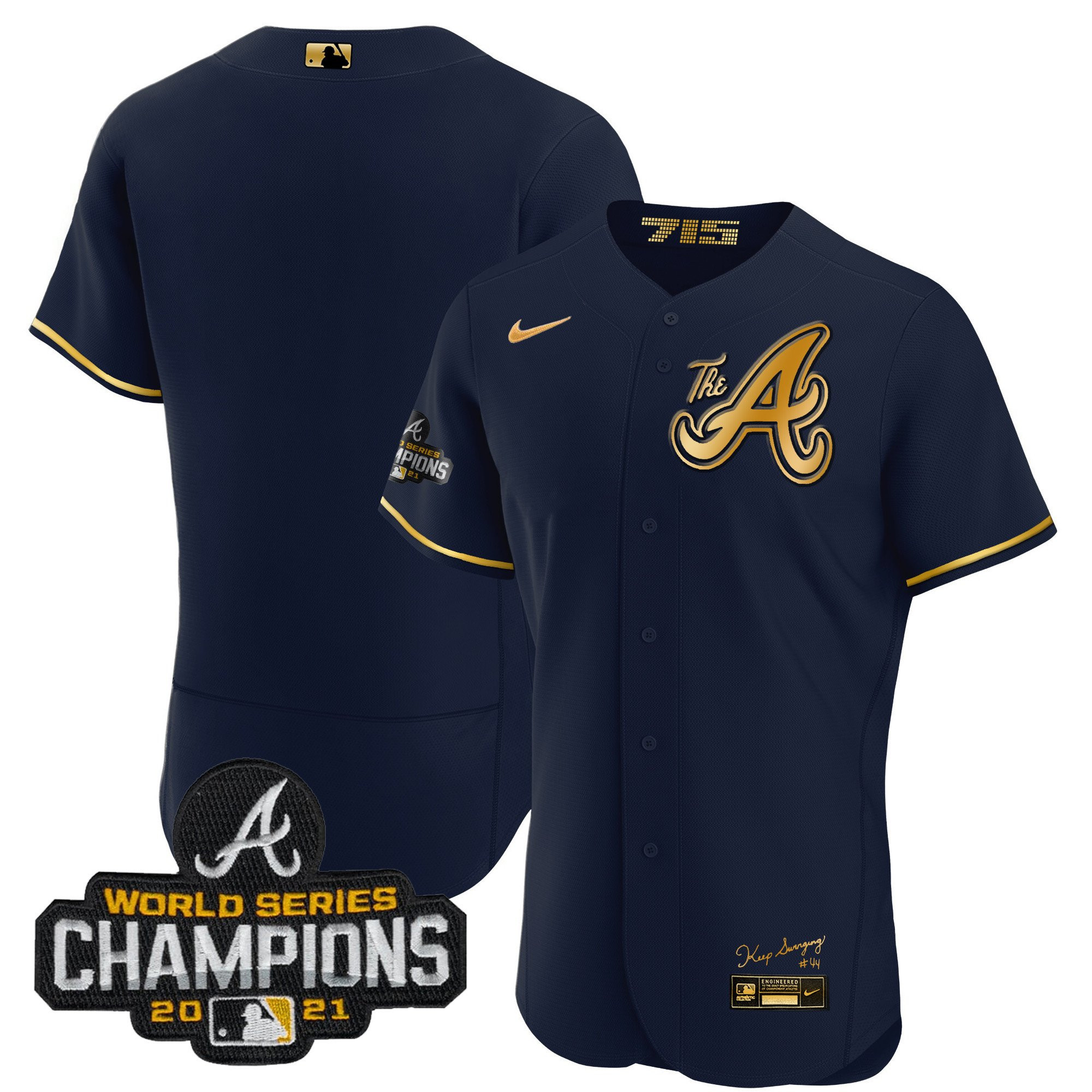 Team Men's Atlanta Braves Champions City Connect Gold Flex Base Navy Gold Jersey - All Stitched