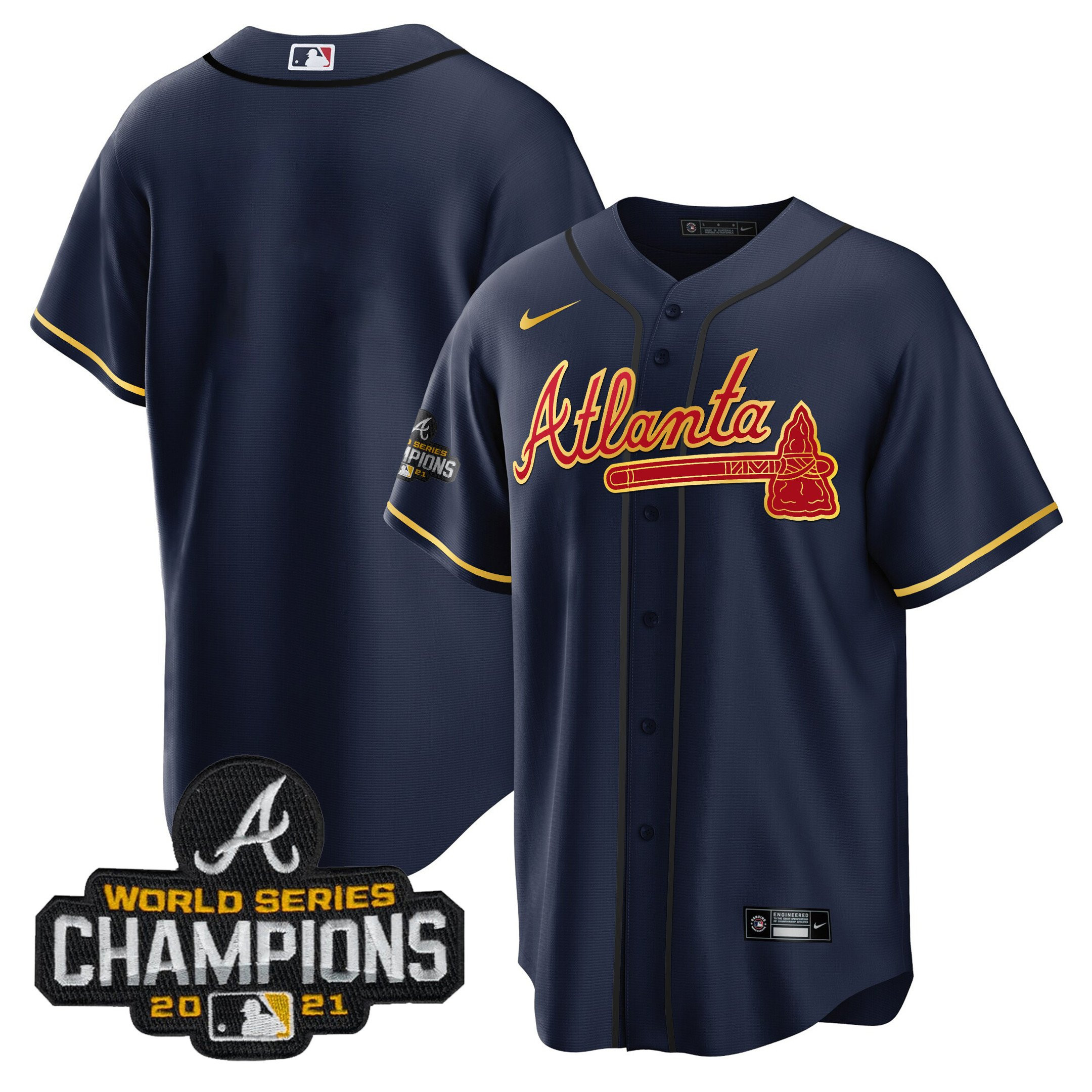 Team Men's Atlanta Braves Champions Patch Gold Trim Cool Navy Jersey - All Stitched
