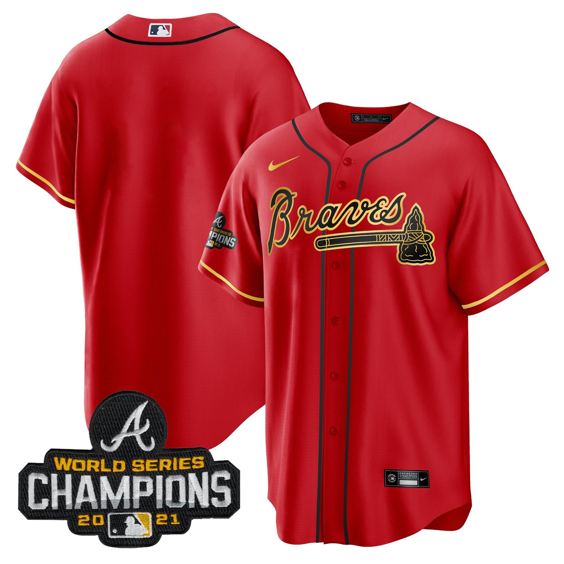 Team Men's Atlanta Braves Champions Patch Gold Trim Cool Red Jersey - All Stitched