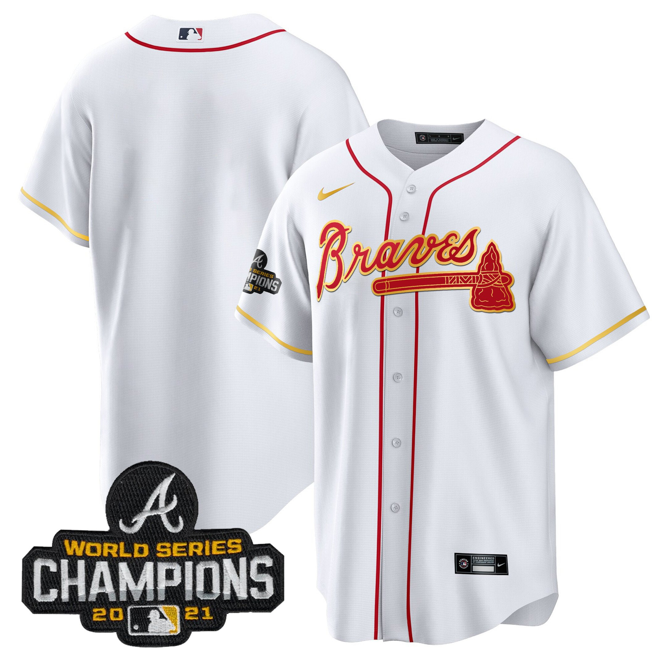 Team Men's Atlanta Braves Champions Patch Gold Trim Cool White Jersey - All Stitched