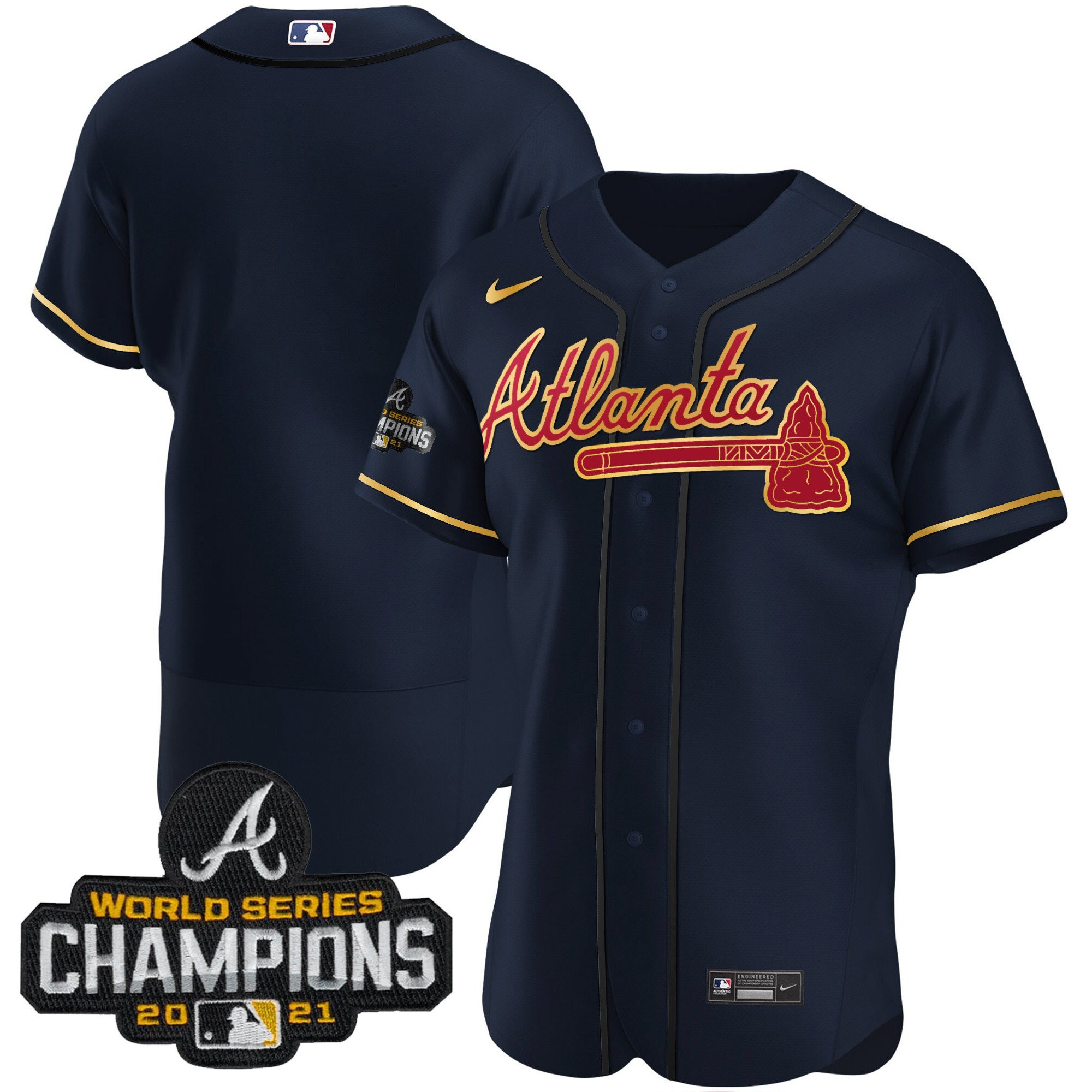 Team Men's Atlanta Braves Champions Patch Gold Trim Flex Navy Jersey - All Stitched