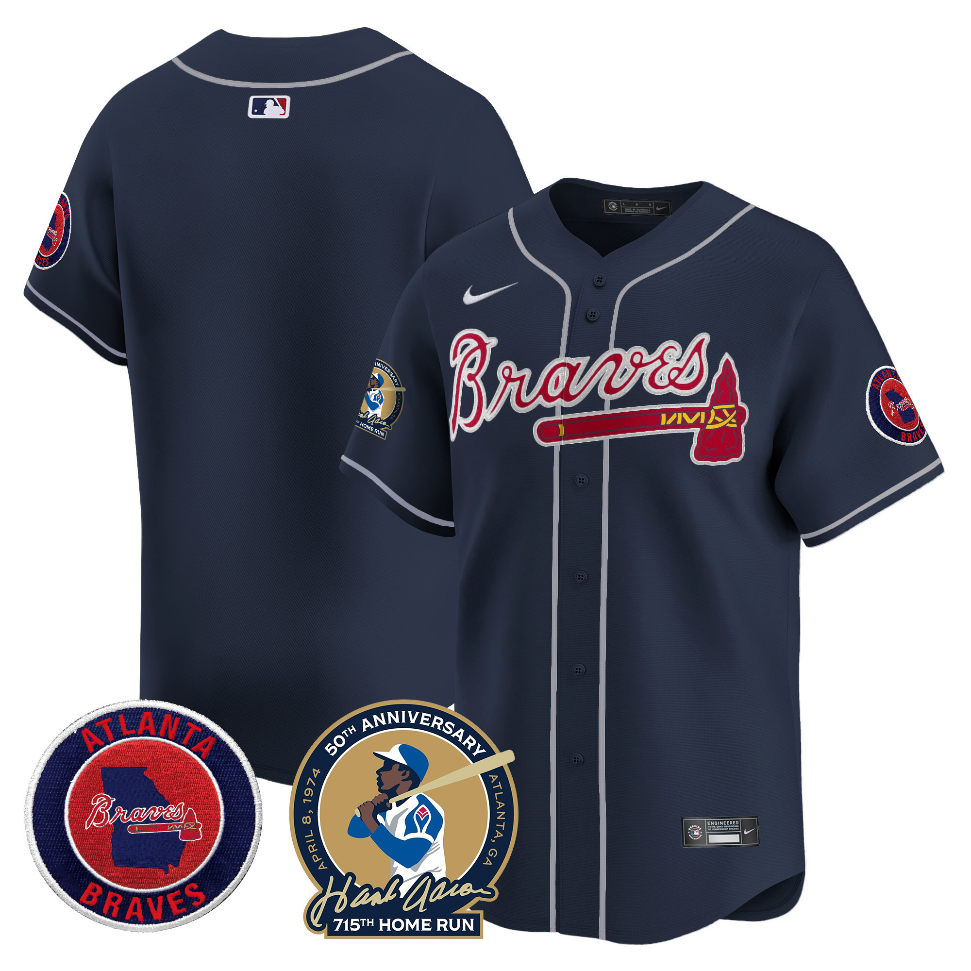 Team Men's Atlanta Braves Hank Aaron 715th Home Run Patch Vapor Premier Limited Navy Jersey - All Stitched