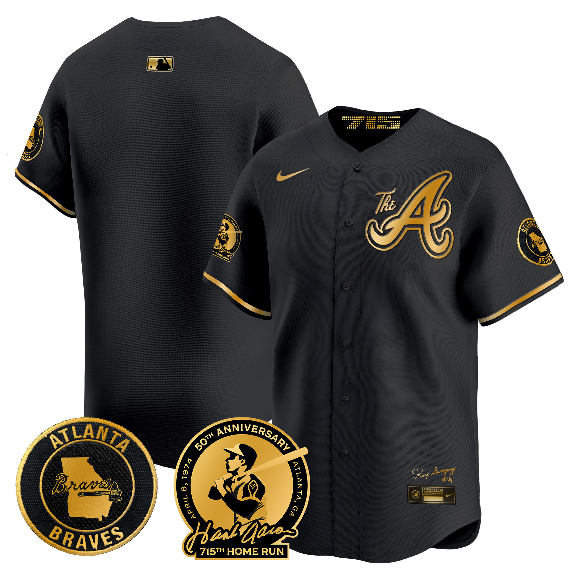 Team Men's Atlanta Braves Hank Aaron 715th Home Run Patch Vapor Premier Limited V2 Black Gold Jersey - All Stitched