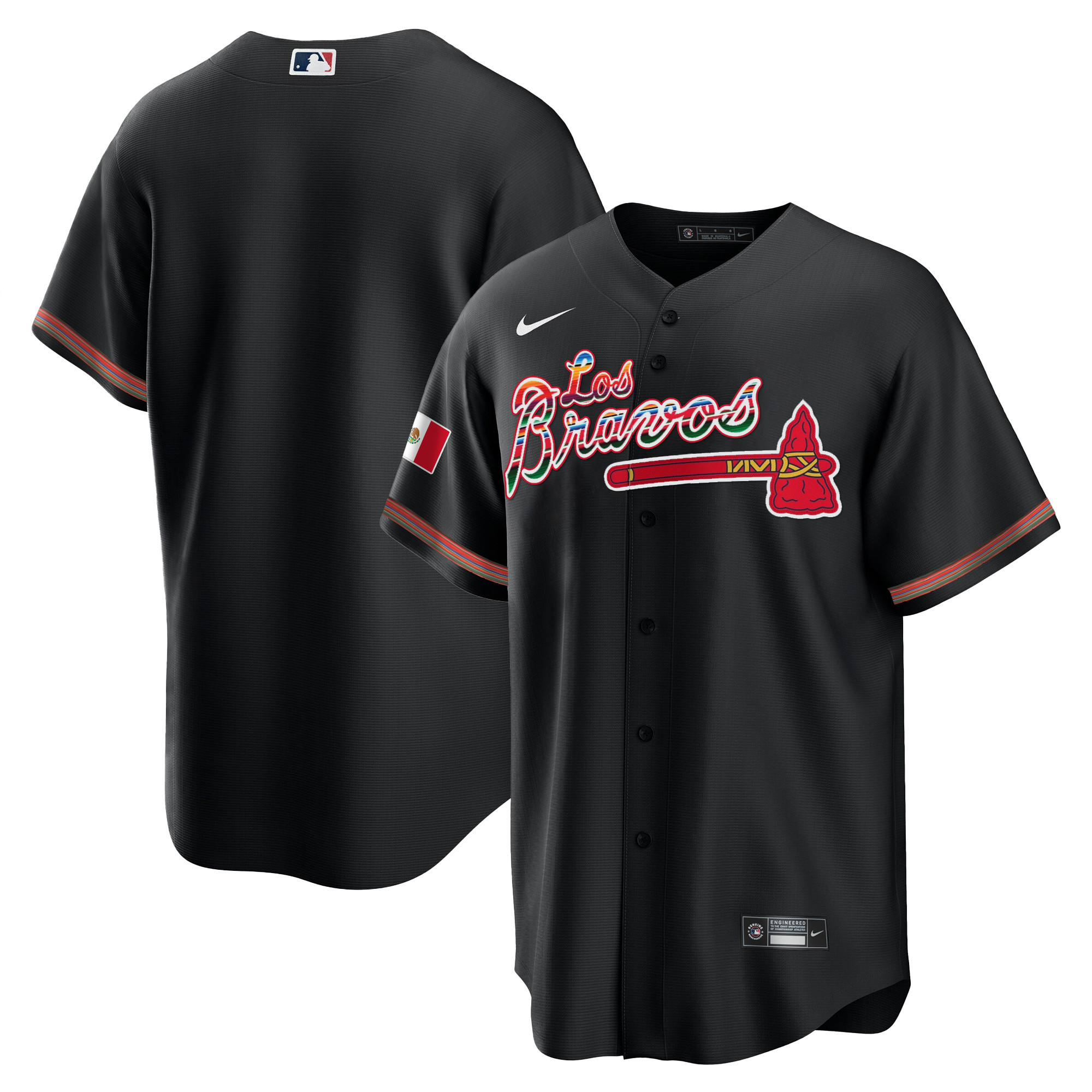 Team Men's Atlanta Braves Los Bravos Mexico Black Jersey - All Stitched