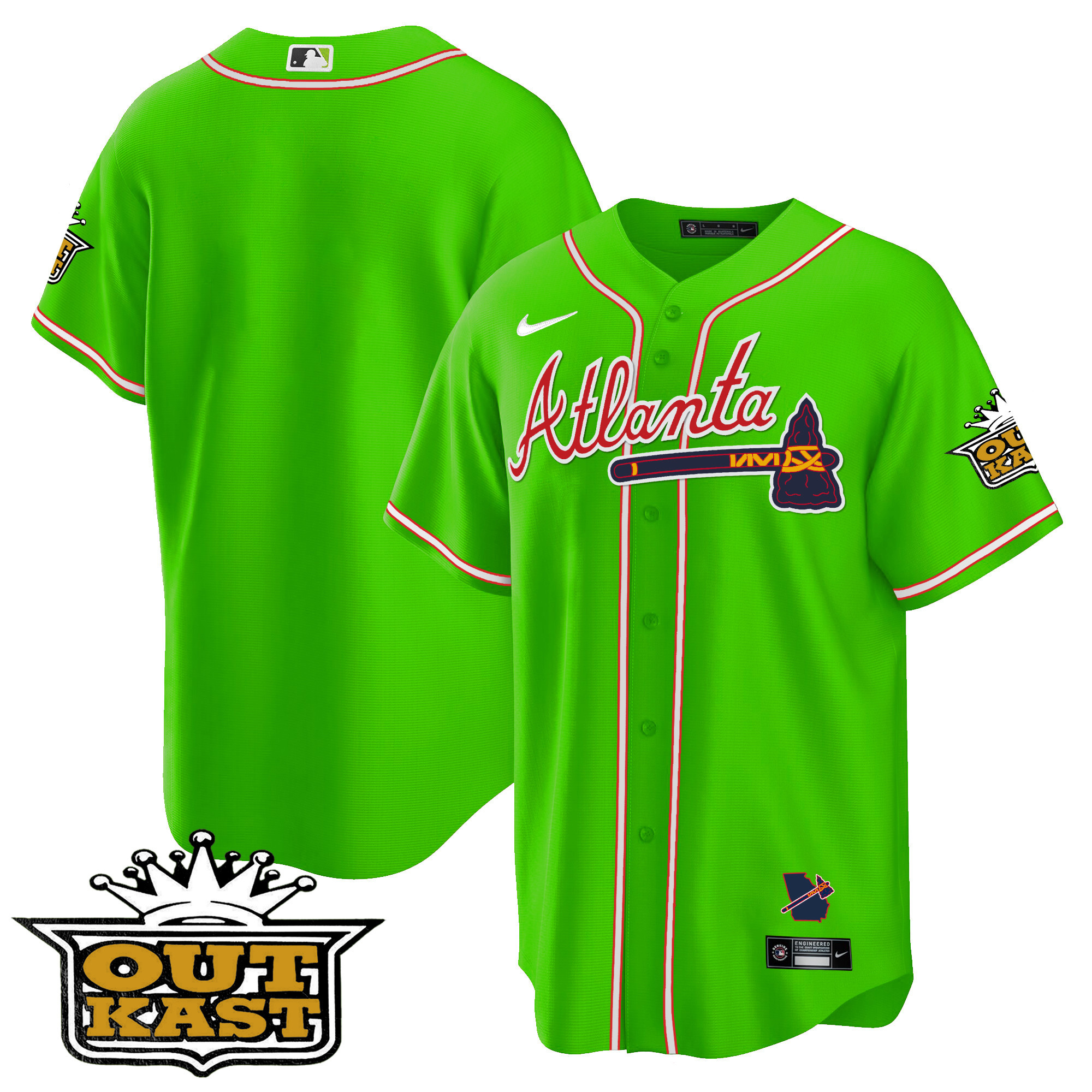 Team Men's Atlanta Braves Outkast Cool Base V3 Bright Green Jersey - All Stitched