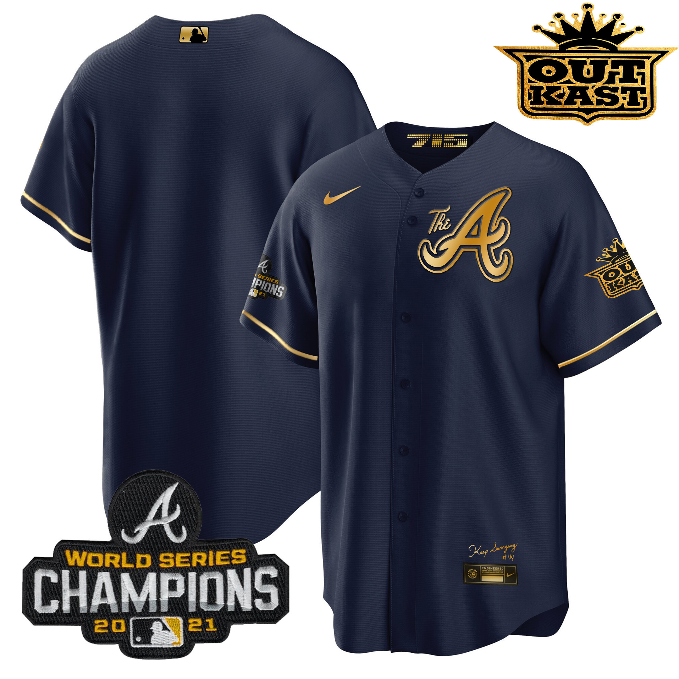 Team Men's Atlanta Braves Outkast Gold The A Cool Base Navy Gold Jersey - All Stitched