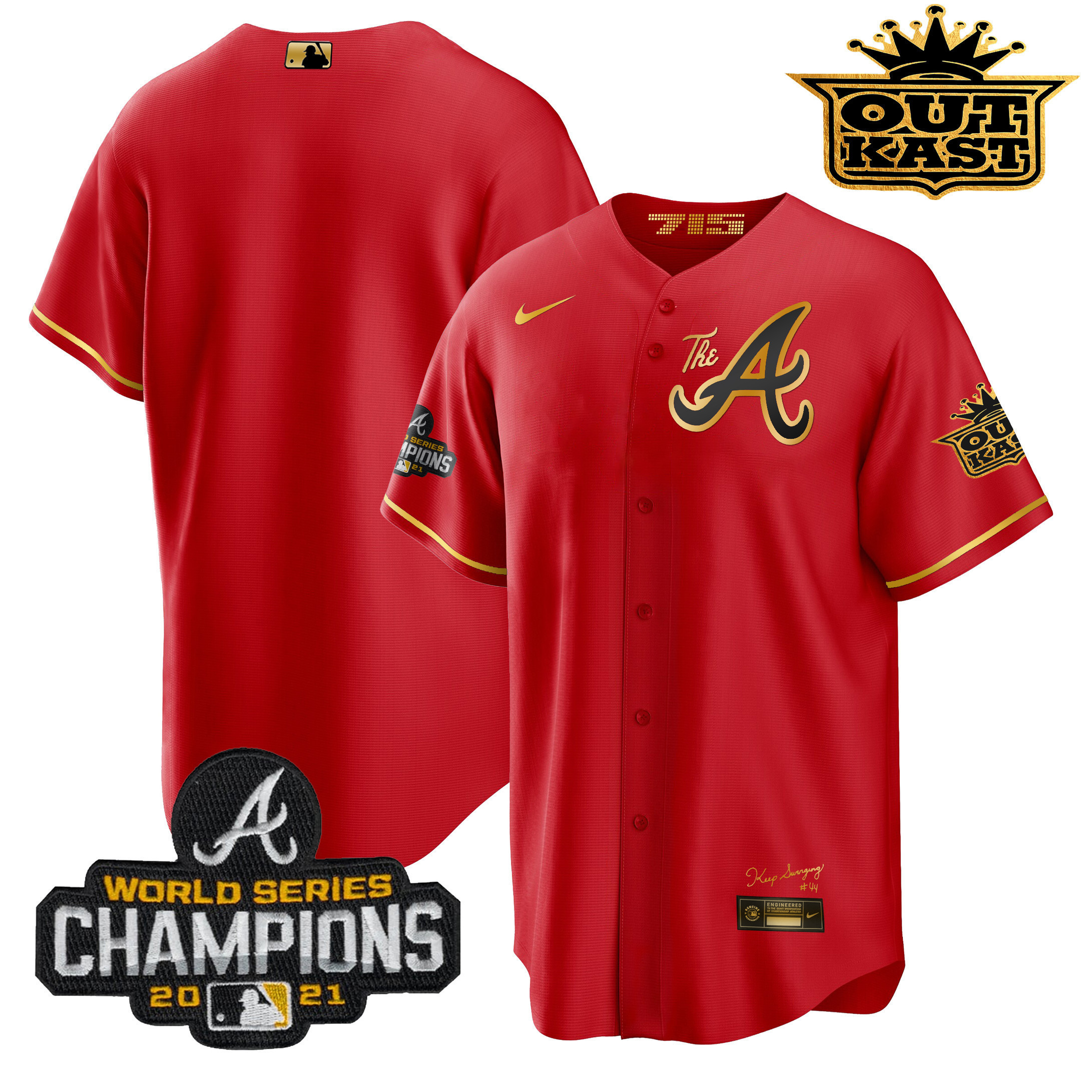 Team Men's Atlanta Braves Outkast Gold The A Cool Base Red Gold Jersey - All Stitched